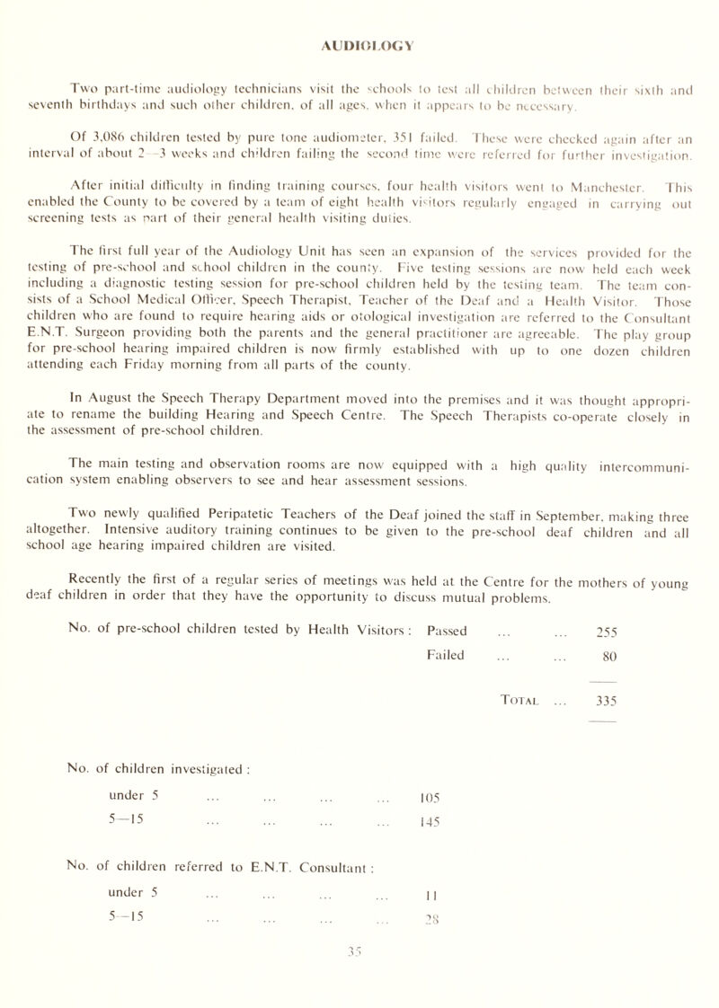 AUDIOLOGY Two part-time audiology technicians visit the schools to test all children between their sixth and seventh birthdays and such other children, of all ages, when it appears to be necessary. Of 3,086 children tested by pure tone audiometer, 351 failed. These were checked again after an interval of about 2 3 weeks and children failing the second time were referred for further investigation. After initial dilficulty in finding training courses, four health visitors went to Manchester. This enabled the County to be covered by a team of eight health visitors regularly engaged in carrying out screening tests as part of their general health visiting duties. The first full year of the Audiology Unit has seen an expansion of the services provided for the testing of pre-school and school children in the county. Five testing sessions are now held each week including a diagnostic testing session for pre-school children held by the testing team. The team con- sists of a School Medical Officer, Speech Therapist, Teacher of the Deaf and a Health Visitor. Those children who are found to require hearing aids or otological investigation are referred to the Consultant E.N.T. Surgeon providing both the parents and the general practitioner arc agreeable. The play group for pre-school hearing impaired children is now firmly established with up to one dozen children attending each Friday morning from all parts of the county. In August the Speech Therapy Department moved into the premises and it was thought appropri- ate to rename the building Hearing and Speech Centre. The Speech Therapists co-operate closely in the assessment of pre-school children. The main testing and observation rooms are now equipped with a high quality intercommuni- cation system enabling observers to see and hear assessment sessions. Two newdy qualified Peripatetic Teachers of the Deaf joined the staff in September, making three altogether. Intensive auditory training continues to be given to the pre-school deaf children and all school age hearing impaired children are visited. Recently the first of a regular series of meetings was held at the Centre for the mothers of young deaf children in order that they have the opportunity to discuss mutual problems. No. of pre-school children tested by Health Visitors: Passed ... ... 255 Failed ... ... 80 Total ... 335 No. of children investigated : under 5 ... ... ... . 105 5-15 145 No. of children referred to E.N.T. Consultant : 28 under 5 5-15