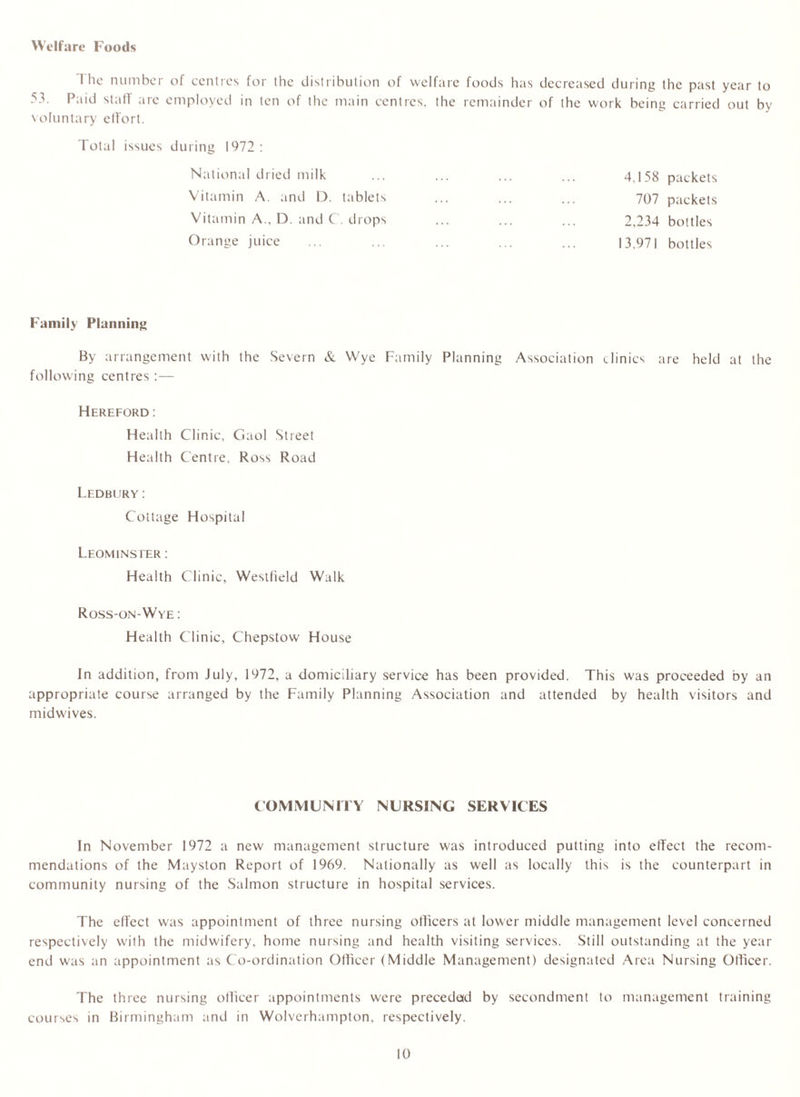 Welfare Foods I lie number of centres for the distribution of welfare foods has decreased during the past year to 53. Paid stall arc employed in ten of the main centres, the remainder of the work being carried out by voluntary effort. Total issues during 1972: National dried milk Vitamin A. and D. tablets Vitamin A., D. and C. drops Orange juice 4,158 packets 707 packets 2,234 bottles 13.971 bottles Family Planning By arrangement with the Severn & Wye Family Planning Association clinics are held at the following centres Hereford : Health Clinic, Gaol Street Health Centre. Ross Road Ledbury: Cottage Hospital Leominster: Health Clinic, Westfield Walk Ross-on-Wye : Health Clinic, Chepstow House In addition, from July, 1972, a domiciliary service has been provided. This was proceeded by an appropriate course arranged by the Family Planning Association and attended by health visitors and midwives. COMMUNITY NURSING SERVICES In November 1972 a new management structure was introduced putting into effect the recom- mendations of the Mayston Report of 1969. Nationally as well as locally this is the counterpart in community nursing of the Salmon structure in hospital services. The effect was appointment of three nursing officers at lower middle management level concerned respectively with the midwifery, home nursing and health visiting services. Still outstanding at the year end was an appointment as Co-ordination Officer (Middle Management) designated Area Nursing Officer. The three nursing officer appointments were preceded by secondment to management training courses in Birmingham and in Wolverhampton, respectively.