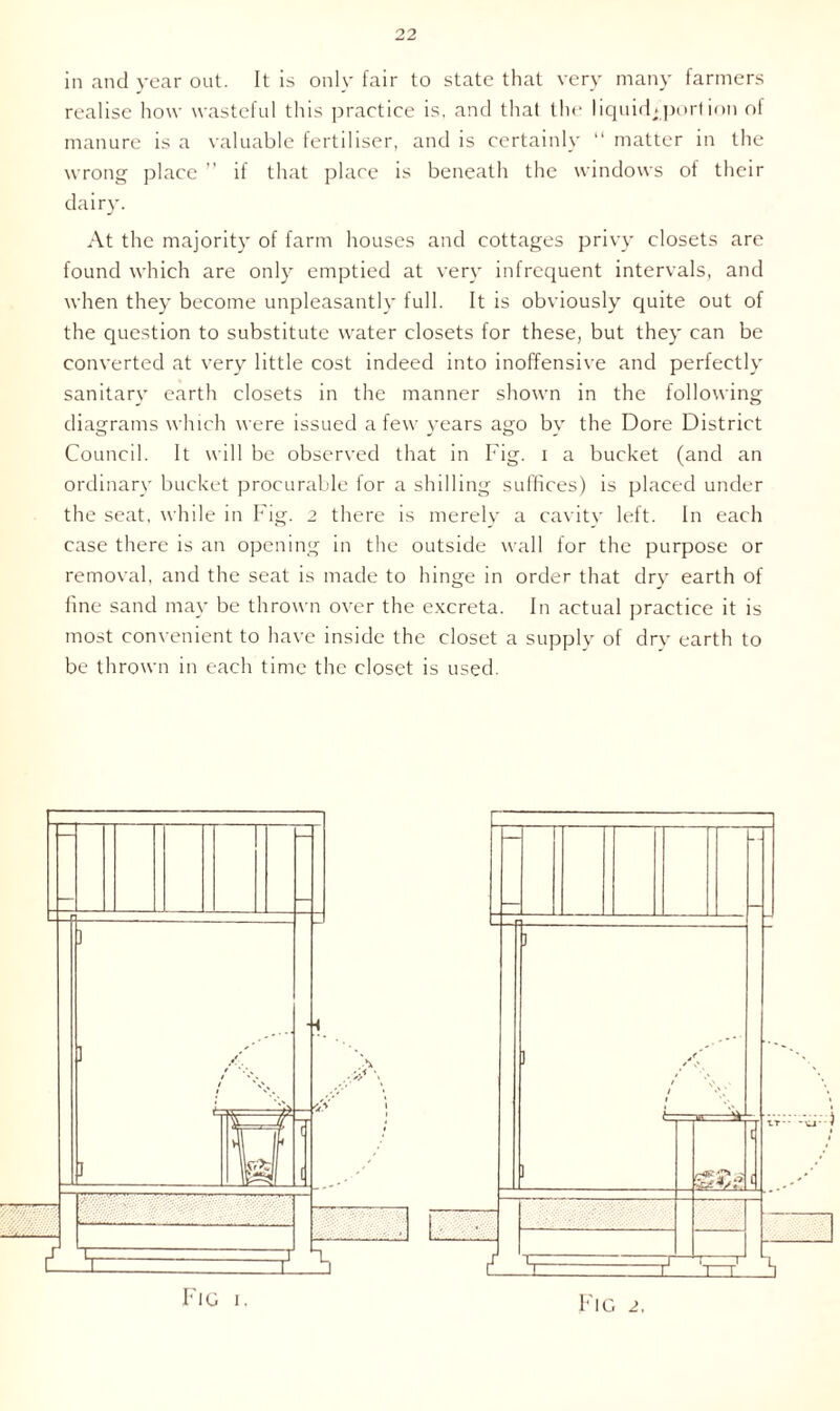 in and year out. It is only fair to state that very many farmers realise how wasteful this practice is, and that the 1 iquid^port ion of manure is a valuable fertiliser, and is certainly “ matter in the wrong place ” if that place is beneath the windows of their dairy. At the majority of farm houses and cottages privy closets are found which are only emptied at very infrequent intervals, and when they become unpleasantly full. It is obviously quite out of the question to substitute water closets for these, but they can be converted at very little cost indeed into inoffensive and perfectly sanitary earth closets in the manner shown in the following diagrams which were issued a few years ago by the Dore District Council. It will be observed that in Fig. i a bucket (and an ordinary bucket procurable for a shilling suffices) is placed under the seat, while in Fig. 2 there is merely a cavity left. In each case there is an opening in the outside wall for the purpose or removal, and the seat is made to hinge in order that dry earth of fine sand may be thrown over the excreta. In actual practice it is most convenient to have inside the closet a supply of dry earth to be thrown in each time the closet is used. Fig i. Pig 2.