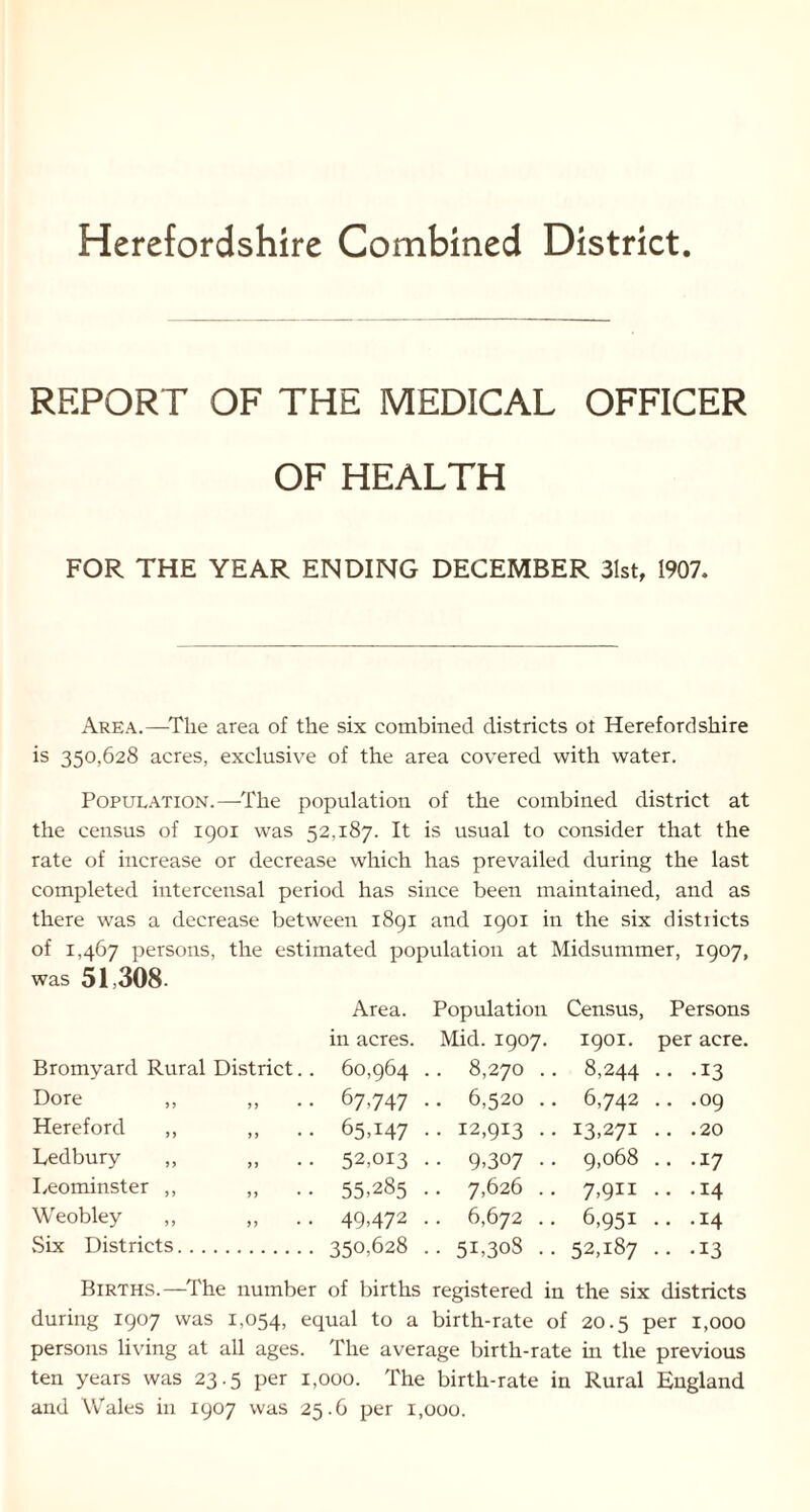 REPORT OF THE MEDICAL OFFICER OF HEALTH FOR THE YEAR ENDING DECEMBER 31st, 1907. Area.—The area of the six combined districts ot Herefordshire is 350,628 acres, exclusive of the area covered with water. Population.—-The population of the combined district at the census of 1901 was 52,187. It is usual to consider that the rate of increase or decrease which has prevailed during the last completed intercensal period has since been maintained, and as there was a decrease between 1891 and 1901 in the six districts of 1,467 persons, the estimated population at Midsummer, 1907, was 51,308 Area. Population Census, Persons in acres. Mid. 1907. 1901. per acre. Bromyard Rural District.. 60,964 . . 8,270 .. 8,244 .. .13 Dore ,, >J • • 67,747 .. 6,520 .. 6,742 .. .09 Hereford ,, 99 • • 65A47 .. 12,913 .. 13,271 .. .20 Ledbury ,, 99 • • 52,013 • • 9,307 •• 9,068 .. .17 Leominster ,, 99 • • 55,285 . . 7,626 . . 7,9H .. .14 Weobley ,, 9 9 • • 49,472 . . 6,672 . . 6,951 .. .14 Six Districts... 350,628 .. 51,308 .. 52,187 • • .13 Births.—The number of births registered in the six districts during 1907 was 1,054, equal to a birth-rate of 20.5 per 1,000 persons living at all ages. The average birth-rate in the previous ten years was 23.5 per 1,000. The birth-rate in Rural England