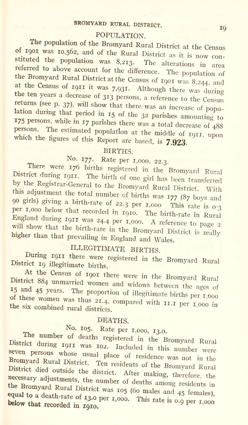POPULATION. The population of the Bromyard Rural District at the Census stituted T IO'562,' aDd °f ,he RUra‘ DiStdCt aS !t is ,low co' smuted the population was 8,213. The alterations in area referred to above account for the difference. The population of the Bromyard Rural District at the Census of r9or w ml a the Census of 1911 ,t was 7,931. Although there was during the ten years a decrease of 313 persons, a reference to the Census returns (see p. 37), will show that there was an increase of popu- lation during that period in 15 of the 32 parishes amounting to 175 persons while in 17 parishes there was a total decrease of 488 whTcWhe ^ estlmat''d population at the middle of i9n, upon which the figures of this Report are based, is 7,923. births. No. 177. Rate per 1,000, 22.3. Diet - 'Ta Were 176 births registered in the Bromyard Rural bv rR “I® T' The blrth of 0,le girl has transferred 7. a• egls,rar'General t0 the Bromyard Rural District. With is adjustment the total number of births was 177 (87 boys and 90 girls) giving a birth-rate of 22.3 per r.000 This rate a per 1,000 below that recorded in rgro. The birth-rate in RtJ England during r9rr was 24.4 per r.ooo. A reference to page 2 wii show that the birth-rare in the Bromyard District is really igher than that prevailing in England and Wales. ILLEGITIMATE BIRTHS. Dtjnng 1911 there were registered in the Bromyard Rural District ig illegitimate births. District 88a I™5115 °f, 1901 ,hCTe Were in ,he Bromyard Rural tnct 884 unmarried women and widows between the ages of ZJ ^ 45 years' Tha proportion of illegitimate births per r oo0 of these women was thus 21.4, compared with n.r per r oo^in the six combined rural districts. deaths. No- I05- Rate per 1,000, 13.0. Dict^t6 rUmbef °f deathS registered in the Bromyard Rural District during i9n was 102. Included in this number were even persons whose usual place of residence was not in the Bromyard Rural District. Ten residents of the Brom vard Pun I District died outside the district. After making necessary adjustments, the number of deaths among e dints iu below that recorded in 1910 ' ^ “** 15 °‘9 I-°“