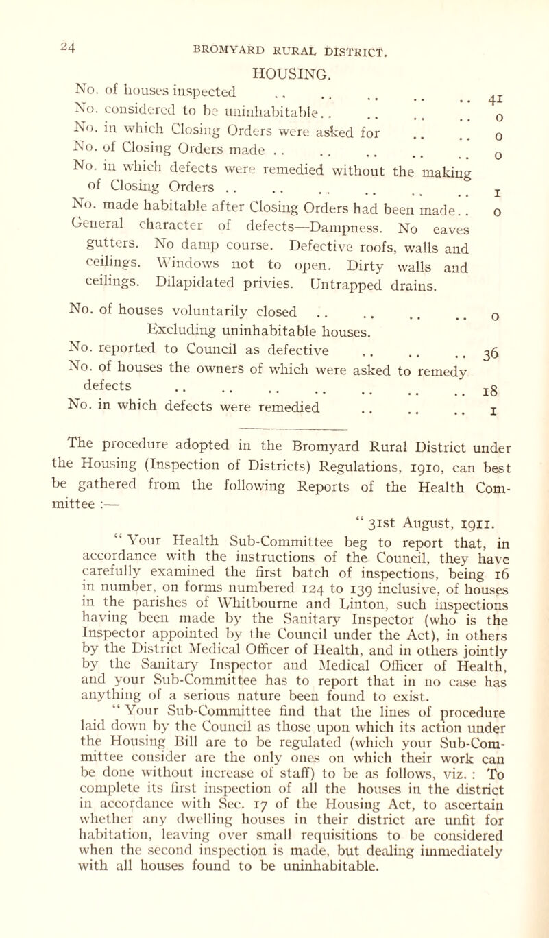 HOUSING. No. of houses inspected No. considered to be uninhabitable.. No. in which Closing Orders were asked for No. of Closing Orders made . . No. m which defects were remedied without the making of Closing Orders .. No. made habitable after Closing Orders had been made. . General character of defects—Dampness. No eaves gutters. No damp course. Defective roofs, walls and ceilings. Windows not to open. Dirty walls and ceilings. Dilapidated privies. Untrapped drains. No. of houses voluntarily closed Excluding uninhabitable houses. No. reported to Council as defective No. of houses the owners of which were asked to remedy defects No. in which defects were remedied I he procedure adopted in the Bromyard Rural District under the Housing (Inspection of Districts) Regulations, 1910, can best be gathered from the following Reports of the Health Com- mittee :— “ 31st August, 1911. “ Your Health Sub-Committee beg to report that, in accordance with the instructions of the Council, they have carefully examined the first batch of inspections, being 16 in number, on forms numbered 124 to 139 inclusive, of houses in the parishes of Whitbourne and Linton, such inspections having been made by the Sanitary Inspector (who is the Inspector appointed by the Council under the Act), in others by the District Medical Officer of Health, and in others jointly by the Sanitary Inspector and Medical Officer of Health, and your Sub-Committee has to report that in no case has anything of a serious nature been found to exist. “ Your Sub-Committee find that the lines of procedure laid down by the Council as those upon which its action under the Housing Bill are to be regulated (which your Sub-Com- mittee consider are the only ones on which their work can be done without increase of staff) to be as follows, viz. : To complete its first inspection of all the houses in the district in accordance with Sec. 17 of the Housing Act, to ascertain whether any dwelling houses in their district are unfit for habitation, leaving over small requisitions to be considered when the second inspection is made, but dealing immediately with all houses found to be uninhabitable.
