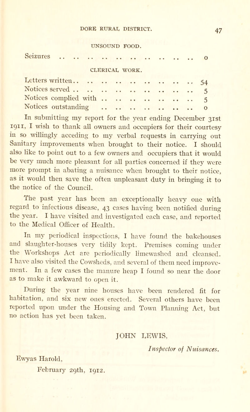 UNSOUND FOOD. Seizures o CLERICAL WORK. Fetters written.. Notices served .. 54 5 5 Notices complied with Notices outstanding o In submitting my report for the year ending December 31st 1911, I wish to thank all owners and occupiers for their courtesy in so willingly acceding to my verbal requests in carrying out Sanitary improvements when brought to their notice. I should also like to point out to a few owners and occupiers that it would be very much more pleasant for all parties concerned if they were more prompt in abating a nuisance when brought to their notice, as it would then save the often unpleasant duty in bringing it to the notice of the Council. The past year has been an exceptionally heavy one with regard to infectious disease, 43 cases having been notified during the year. I have visited and investigated each case, and reported to the Medical Officer of Health. In my periodical inspections, I have found the bakehouses and slaughter-houses very tidily kept. Premises coming under the Workshops Act are periodically limewashed and cleansed. I have also visited the Cowsheds, and several of them need improve- ment. In a few cases the manure heap I found so near the door as to make it awkward to open it. During the year nine houses have been rendered fit for habitation, and six new ones erected. Several others have been reported upon under the Housing and Town Planning Act, but no action has yet been taken. JOHN LEWIS, Inspector of Nuisances. Ewyas Harold, February 29th, 1912.