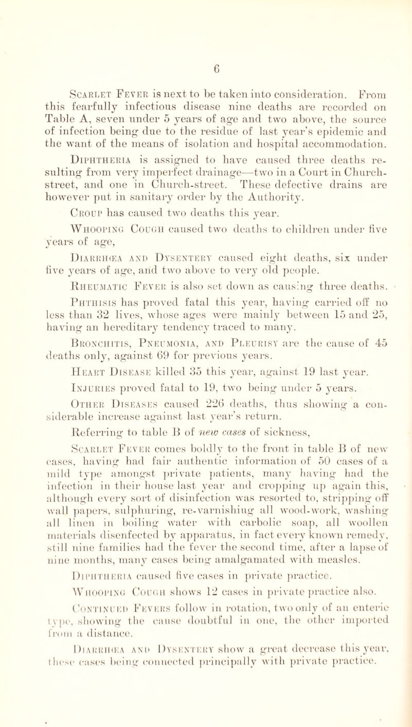 G Scarlet Fever is next to be taken into consideration. From this fearfully infectious disease nine deaths are recorded on Table A, seven under 5 years of age and two above, the source of infection being due to the residue of last year’s epidemic and the want of the means of isolation and hospital accommodation. Diphtheria is assigned to have caused three deaths re- sulting from very imperfect drainage—two in a Court in Church- street, and one in Church-street. These defective drains are however put in sanitary order by the Authority. Croup lias caused two deaths this year. Whooping Cough caused two deaths to children under five years of age, Diarrhoea and Dysentery caused eight deaths, six under five years of age, arid two above to very old people. Rheumatic Fever is also set down as causing three deaths. Phthisis has proved fatal this year, having carried off no less than 32 lives, wThose ages were mainly between 15 and 25, having an hereditary tendency traced to many. Bronchitis, Pneumonia, and Pleurisy are the cause of 45 deaths only, against 69 for previous years. Heart Disease killed 35 this year, against 19 last year. Injuries proved fatal to 19, two being under 5 years. Other Diseases caused 226 deaths, thus showing a con- siderable increase against last year’s return. Referring to table B of new cases of sickness, Scarlet Fever comes boldly to the front in table B of new cases, having had fair authentic information of 50 cases of a mild type amongst private patients, many having had the infection in their house last year and cropping up again this, although every sort of disinfection was resorted to, stripping off wall papers, sulphuring, re-varnishing all wood-work, washing all linen in boiling water with carbolic soap, all woollen materials disenfected by apparatus, in fact every known remedy, still nine families had the fever the second time, after a lapse of nine months, many cases being amalgamated with measles. Diphtheria caused five cases in private practice. Whooping Cough shows 12 cases in private practice also. Continued Fevers follow in rotation, two only of an enteric l v pc, showing the cause doubtful in one, the other imported from a distance. I)iarrikea and Dysi:.\ti:ry show a great decrease this year, these eases being connected principally with private practice.