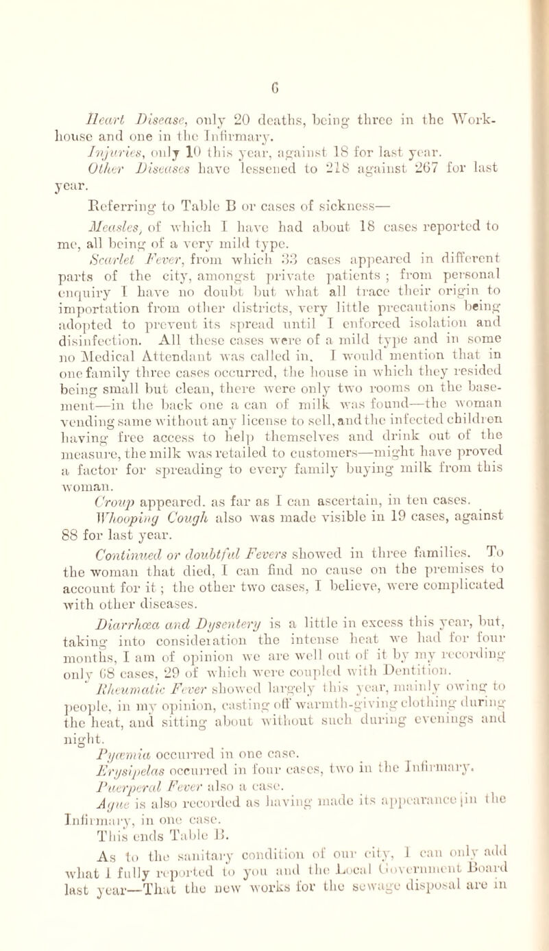 G Heart Disease, only 20 dcatlis, being tlirec in the Work- house and one in llie 1 nlii'muiy. JvjvrU's, only lO lliis year, against 18 for last year. Other Diseases liave lessened to 218 against 2G7 for last year. Referring’ to Table B or cases of sickness— Measles, of Avhich I have had about 18 cases I’cported to me, all being of a very mild type. Scarlet Fever, from which dO eases ap]iearcd in different part.s of the city, amongst jirivatc ])atients ; from personal enquiry 1 have no donl)t bid. Avhat all trace their origin to importation from other districts, very little precautions being adopted to prevent its spread until 1 enforced isolation and disinfection. All these cases were of a mild type and in some no iMcdieal Attendant was called in. 1 would mention that in one family three cases occurred, the house in which they resided being small but clean, there were only two rooms on the ba.se- ment—in the back one a can of milk was found—the Avoman vending same without any license to sell, and the infected childi on having free access to hel]) themselves and drink out of the measure, the milk was retailed to customers—might have proved a factor for spreading to every family buying milk from this woman. CroKp appeared, as far as I can ascertain, in ten cases. Whoopiay Cough also was made visible in 19 cases, against 88 for last year. Continued or doubtful Fevers shotved in three families. To the woman that died, I can find no cause on the premises to account for it; the other two cases, I believe, ivcre complicated Avith other diseases. Diarrhoea and Dgsentery is a little in excess this year, but, taking into consideiatioii the intense heat avc had for lour months, I am of opinion Ave are Avell out. of it by my recording onlv (i8 cases, 29 of Avhich Avere cou])led with Dentition. Jlheumatie Fever si\w\\C(\ largi'ly this year, mainly owing; to ])eople, in my opinion, casting oil Avarmth-giving clothing’during the heat, and sitting about Avithout such during evenings and night. Fyannia occurred in one case. Frysipelas occurred in four cases, Iavo iu Ihe Intirinary. Puerperal Fever also a ease. Ague is also recorded as having made its apjjearance |in the Iidirmary, in one case. Tliis ends Tal)le 15. As to the sanitary condition (d' our city, 1 cau only add Avhat 1 fully reported to you and the Local tloverunient Board last year—That the new Avoi’ks for the sewage disposal ai’o in
