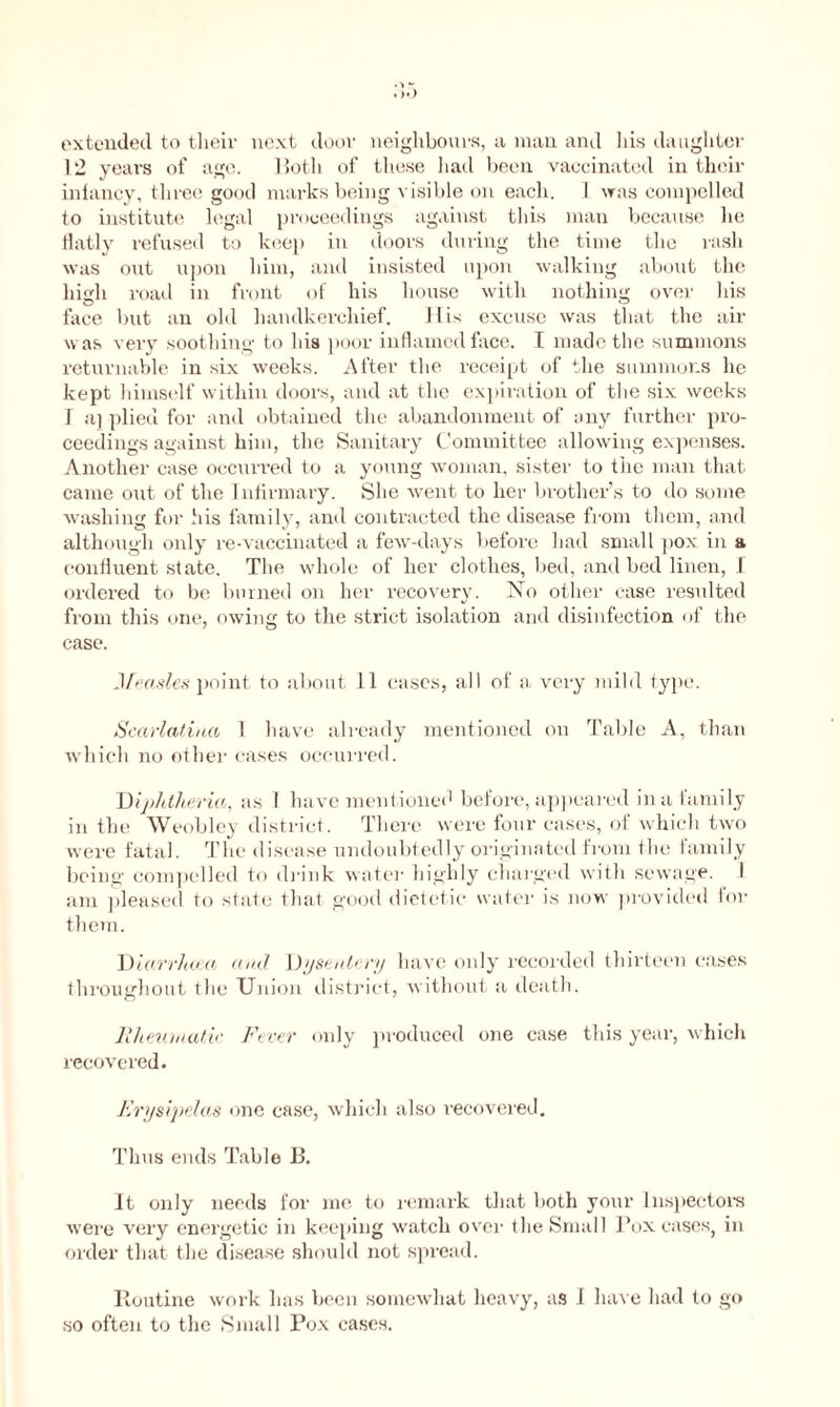 extended to their next door neighbours, a man and his daughter 12 years of ago. Both of these had been vaccinated in their infancy, three good marks being visible on each. 1 was compelled to institute legal proceedings against this man because he flatly refused to keep in doors during the time the rash was out upon him, and insisted upon walking about the high road in front of his house with nothing over his face but an old handkerchief. His excuse was that the air was very soothing to his poor inflamed face. I made the summons returnable in six weeks. After the receipt of the summons he kept himself within doors, and at the expiration of the six weeks I applied for and obtained the abandonment of any further pro- ceedings against him, the Sanitary Committee allowing expenses. Another case occurred to a young woman, sister to the man that came out of the Infirmary. She went to her brother’s to do some washing for his family, and contracted the disease from them, and although only re-vaccinated a few-days before had small pox in a confluent state. The whole of her clothes, bed, and bed linen, 1 ordered to be burned on her recovery. No other case resulted from this one, owing to the strict isolation and disinfection of the case. Jfcasles point to about 11 cases, all of a, very mild type. Scarlatina 1 have already mentioned on Table A, than which no other cases occurred. Diphtheria, as I have mentioned before, appeared in a family in the Weobley district. There were four cases, of which two were fatal. The disease undoubtedly originated from the family being compelled to drink water highly charged with sewage. I am pleased to state that good dietetic water is now provided for them. Diarrhoea and Dysentery have only recorded thirteen cases throughout the Union district, without a death. Rheumatic Fever only produced one case this year, which recovered. Erysipelas one case, which also recovered. Thus ends Table B. It only needs for me to remark that both your Inspectors were very energetic in keeping watch over the Small Pox cases, in order that the disease should not spread. Routine work has been somewhat heavy, as I have had to go so often to the Small Pox cases.