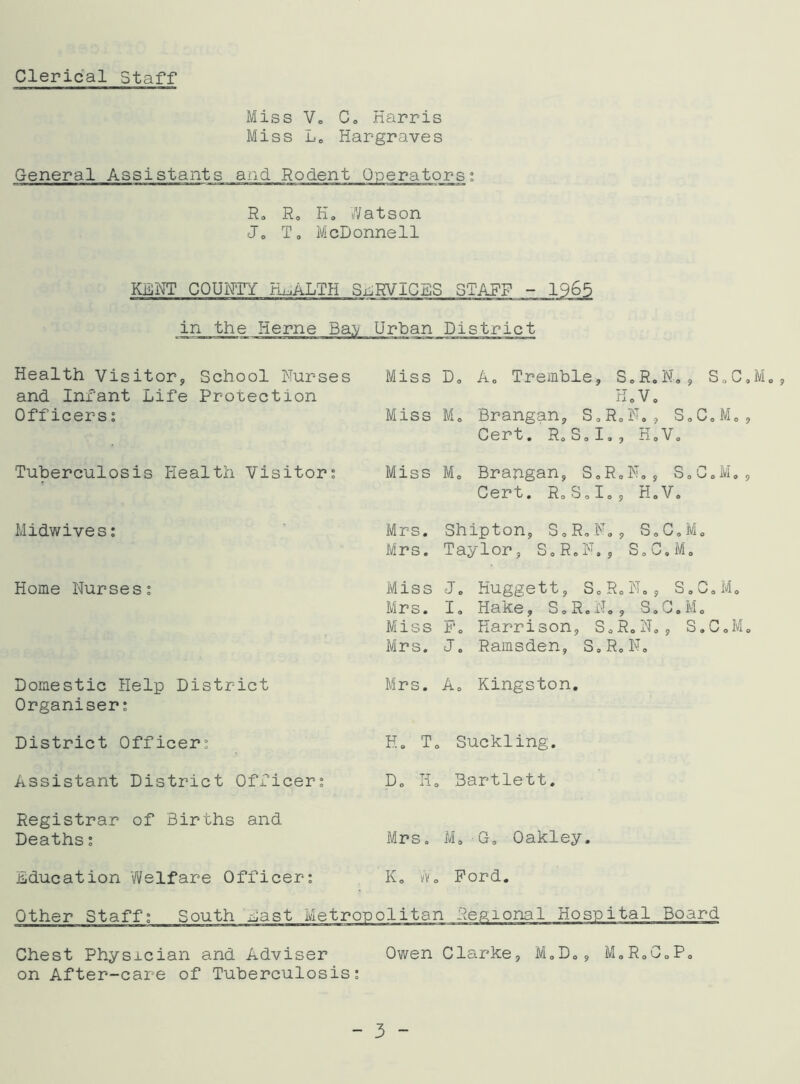 Clerical Staff Miss V. C„ Harris Miss Lo Hargraves General Assistants and Rodent Operators: R. R0 Ho Watson Jo To McDonnell KENT COUNTY HEALTH SERVICES in the Herne Ba.\ Urban District Health Visitor, School Nurses and Infant Life Protection Officers: 'Tuberculosis Health Visitor: Midwives: Home Nurses: Domestic Help District Organiser: District Officer: Assistant District Officer: Registrar of Births and Deaths: Miss D» A0 Tremble, S.R.N., S0C HoVo Miss Mo Brangan, S0R.N. , SoC0M0 Cert. Ro So I., H.V. Miss Mo Brangan, S.R.N., S.C.M. Cert. Ro S,Io, H.V. Mrs. Shipton, S.R.N., S0C.M0 Mrs. Taylor, S„R.N., S.C.M. Miss Jo Huggett, SoR.N., S.C.M. Mrs. Io Hake, SoR.N., S.C.M. Miss F„ Harrison, S.R.N0, S.C.M Mrs. Jo Ramsden, SoR.N. Mrs. A. Kingston. Ho To Suckling. Do li. Bartlett. Mrs. Mo Go Oakley. Education Welfare Officer: K. W. Ford. Other Staff: South East Metropolitan Regional Hospital Board Chest Physician and Adviser on After-care of Tuberculosis: Owen Clcirke, M.D., MoR.CoP