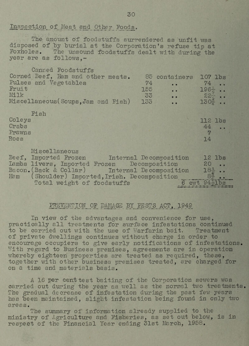 Inspection of Meat and Other Poods. The- amount of foodstuffs surrendered as unfit was disposed of by burial at the Corporation’s refuse tip at Poxholes. The unsound foodstuffs dealt with during the year are as follows,- Canned Foodstuffs Corned Beef, Ham and other meats. 85 containers 107 lbs Pulses and Vegetables 74 74 . . Fruit 155 196-f . . Milk oo . . 22-f . . Miscellaneous^ Soups, Jam and Fish) 133 13 Of- . . Fish Coleys V. 112 lbs Crabs 44 . . Prawns 7 Roes 14 Miscellaneous Beef, Imported Frozen Internal Decomposition 12 lbs Lambs livers, Imported Frozen Decomposition 20 . . Bacon.(Back & Collar) Internal Decomposition 184- .. Ham (Shoiilder) Imported, Irish. Decomposition P?. Total weight of foodstuffs 6 cwt 94^-lbs PREVENTION OF DAMAGE BY PESTS ACT, 1949 In view of the advantages and convenience for use, practically all treatments for surface infestations continued to be carried out with the use of Warfarin bait. Treatment of private dwellings continues without charge in order to encourage occupiers to give early notifications of infestations. With regard to Business premises, agreements ore in operation whereby eighteen properties are treated as required, these, together with other business premises treated, are charged for on a time and materials basis. A 16 per cent test baiting of the Corporation sewers was carried out during the year as well as the normal two treatments. The gradual decrease of infestation during the past few years has been maintained, slight infestation being found in only two areas. The summary of information already supplied to the ministry of Agriculture and Fisheries, as set out below, is in respect of the Financial Year ending 31st March, 1958.