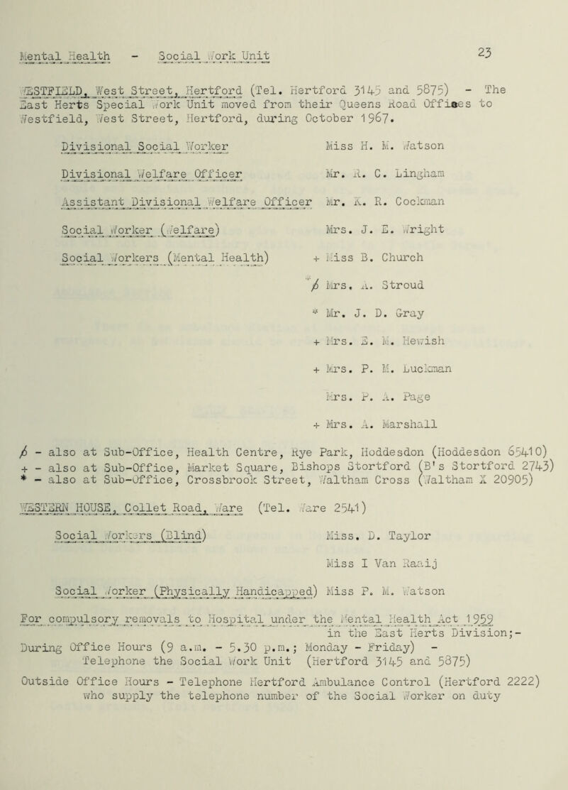 «•+ Mental Health 23 /li;STFlHLDt,_We_st__Str , Hertford (Tel. Hertford 3'145 and 5875) “ The Hast Herts Special -./ork Unit moved from their Queens Hoad Offiees to Hestfield, West Street, Hertford, during October 1987* Divi^onal Social j(qrleer Miss H. M. /fatson Divisiqna^l 7(eIX^^- gingham Assistant Divisional V/elfare Officer Mr. K. R. Coclnoan S£c iaX (.''elfare) _Sqcial v/orkers [Mental Health) Ivtrs. J. E. ,.right + Hiss B. Church '/ Mrs. Stroud Ivir. J. D. G-ray + fea-s. P. M. Luclaman + Mrs. A. Marshall / - also at Sub-Office, Health Centre, Rye Park, Hoddesdon (Hoddesdon 65410) - also at Sub-Office, Market Square, Bishops Stortford (B's Stortford 2743) - also at Sub-Office, Crossbrook Street, f/altham Cross ('Jaltham X 20905) '7E3TERH HOUSE, Collet Road. Hare (Tel. Hare 2541) Social ./orkers (Blind) Miss. D. Taylor Miss I Van Raaij 8pcjL§iX.-;.{QPiSg.^ (Physically Handicapped) Miss P. M. b'atson _^qr pompoulsory jreyiqvalq Xl XpsjpiXaXjandeiqXhq in the East Herts Division;- During Office Hours (9 a.m. - 5«30 p.m.; Mond.ay - Friday) Telephone the Social t'/ork Unit (Hertford 3145 a^d 5875) Outside Office Hours - Telephone Hertford .Unbulance Control (Hertford 2222) who supply the telephone number of the Social lYorker on duty
