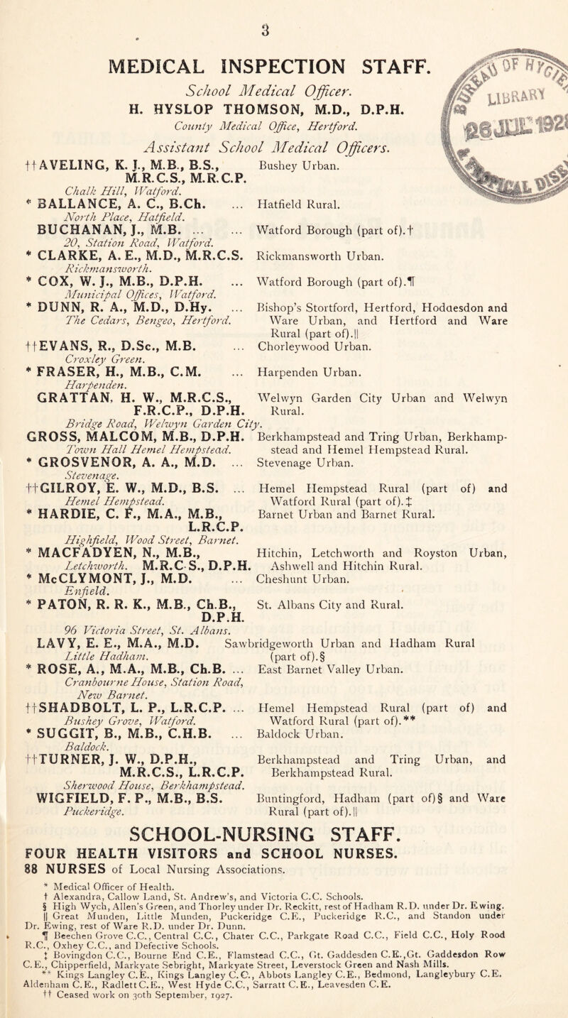 MEDICAL INSPECTION STAFF. School Medical Officer. H. HYSLOP THOMSON, M.D., D.P.H. County Medical Office, Hertford. Assistant School Medical Officers. ft AVELING, K. J., M B., B.S., M.R.C.S., M.R.C.P. Chalk Hill, Watford. * BALLANCE, A. C., B.Ch. North Place, Hatfield. BUCHANAN, J., M.B 20, Station Road, Watford. * CLARKE, A.E., M.D., M.R.C.S. R ickmansworth. Bushey Urban. Hatfield Rural. Watford Borough (part of).+ Rickmans worth Urban. * COX, W. J., M.B., D.P.H. Municipal Offices, Watford. * DUNN, R. A., M.D., D.Hy. ... The Cedars, Bengeo, Hertford. tfEVANS, R., D.Sc., M.B. Croxley Green. * FRASER, H., M.B., C.M. Harpenden. GRATTAN, H. W., M.R.C.S., F.R.C.P., D.P.H. Watford Borough (part of).IT Bishop’s Stortford, Hertford, Hodaesdon and Ware Urban, and Hertford and Ware Rural (part of).11 Chorleywood Urban. Harpenden Urban. Welwyn Garden City Urban and Welwyn Rural. Bridge Road, Welwyn Garden City. GROSS, MALCOM, M.B., D.P.H. Berkhampstead and Tring Urban, Berkhamp- Town Hall Hernel Hempstead. stead and Hemel Hempstead Rural. * GROSVENOR, A. A., M.D. ... Stevenage Urban. Stevenage. ft GILROY, E. W., M.D., B.S. ... Hemel Hempstead Rural (part of) and Hemel Hempstead. Watford Rural (part of). J * HARDIE, C. F., M.A., M.B., Barnet Urban and Barnet Rural. L.R.C.P, Highfield, Wood Street, Barnet. * MACFADYEN, N., M.B., Hitchin, Letchworth and Royston Urban, Letchworth. M.R.C S., D.P.H. Ashwell and Hitchin Rural. * McCLYMONT, J., M.D. ... Cheshunt Urban. Enfield. * PATON, R. R. K., M.B., Ch.B., St. Albans City and Rural. D.P.H. 96 Victoria Street, St. Albans. LAVY, E. E., M.A., M.D. Sawbridgeworth Urban and Hadham Rural Little Hadham. (part of).§ * ROSE, A., M.A., M.B., Ch.B. ... East Barnet Valley Urban. Cranbourne House, Station Road, New Barnet. tfSHADBOLT, L. P., L.R.C.P. ... Bushey Grove, Watford. * SUGGIT, B., M B., CH.B. ... Baldock. ttTURNER, J. W., D.P.H., M.R.C.S., L.R.C.P. Sherwood House, Berkhampstead. WIGFIELD, F. P., M.B., B.S. Puckeridge. Hemel Hempstead Rural (part of) and Watford Rural (part of).** Baldock Urban. Berkhampstead and Tring Urban, and Berkhampstead Rural. Buntingford, Hadham (part of)§ and Ware Rural (part of). || SCHOOL-NURSING STAFF. FOUR HEALTH VISITORS and SCHOOL NURSES. 88 NURSES of Local Nursing Associations. * Medical Officer of Health. t Alexandra, Callow Land, St. Andrew’s, and Victoria C.C. Schools. § High Wych, Allen’s Green, and Thorley under Dr. Reckitt, rest of Hadham R.D. under Dr. Ewing. || Great Munden, Little Munden, Puckeridge C.E., Puckeridge R.C., and Standon under Dr. Ewing, rest of Ware R.D. under Dr. Dunn. If Beechen Grove C.C., Central C.C., Chater C.C., Parkgate Road C.C., Field C.C., Holy Rood R.C., Oxhey C.C., and Defective Schools. t Bovingdon C.C., Bourne End C.E., Flamstead C.C., Gt. Gaddesden C.E. ,Gt. Gaddesdon Row C.E., Chipperfield, Markyate Sebright, Markyate Street, Leverstock Green and Nash Mills. ** Kings Langley C.E., Kings Langley C.C., Abbots Langley C.E., Bedmond, Langleybury C.E, Aldenham C.E., RadlettC.E., West Hyde C.C., Sarratt C.E., Leavesden C.E. tf Ceased work on 30th September, 1927.