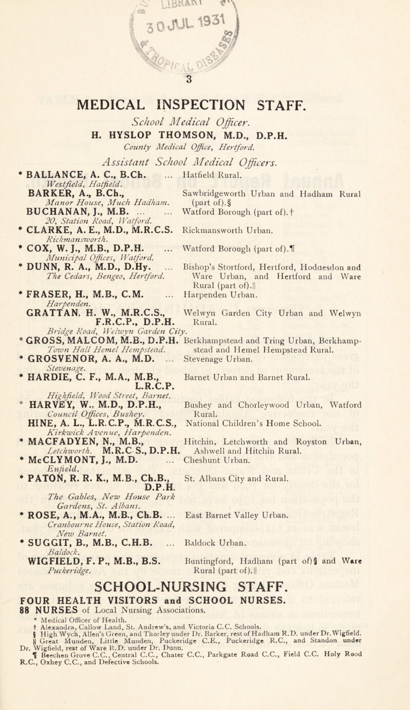 MEDICAL INSPECTION STAFF. School Medical Officer. H. HYSLOP THOMSON, M.D., D.P.H. County Medical Office., Hertford. Assistant School Medical Officers. * BALLANCE, A. C., B.Ch. Westfield, Hatfield. BARKER, A., B.Ch., Manor House, Much Hadham. BUCHANAN,]., M.B 20, Station Road, Watford. * CLARKE, A.E., M.D., M.R.C.S. Rickmansworth. * COX, W. J., M.B., D.P.H. Municipal Offices, Watford. * DUNN, R. A., M.D., D.Hy. ... The Cedars, Bengeo, Hertford. Hatfield Rural. Sawbridgeworth Urban and Hadham Rural (part of).§ Watford Borough (part of).t Rickmansworth Urban. Watford Borough (part of).IF ♦ FRASER, H., M.B., C.M. Harpenden. GRATTAN, H. W., M.R.C.S., F.R.C.P., D.P.H. Bishop’s Stortford, Hertford, Hodaesdon and Ware Urban, and flertford and Ware Rural (part of).|| Harpenden Urban. Welwyn Garden City Urban and Welwyn Rural. B^ddge Road, Welwyn Garden City. * GROSS, MALCOM, M.B., D.P.H. Berkbampstead and Tring Urban, Berkhamp- Town Hall Hemel Hempstead. stead and Hemel Hempstead Rural. * GROSVENOR, A. A., M.D. ... Stevenage Urban. Stevenage. ♦ HARDIE, C. F., M.A., M.B., L.R.C.P. Highfield, Wood Street, Barnet. * HARVEY, W., M.D., D.P.H., Council Offices, Bushey. HINE, A. L., L.R.C.P., M.R.C.S., Kirkwick Avenue, Harpenden. ♦ MACFADYEN, N., M.B., Letchwo7'th. M.R.C-S., D.P.H. * McCLYMONT, J., M.D. Enfield. ♦ PATON, R. R. K., M.B., Ch.B., D.P.H. The Gables, New House Pa7-k Gardens, St. Alba7is. ♦ ROSE, A., M.A., M.B., Ch.B. ... Cra7ibour7te House, Statio7i Road, New Bar7iet. • SUGGIT, B., M.B., C.H.B. ... Baldock. WIGFIELD, F. P., M.B., B.S. Fuckei'idge. Barnet Urban and Barnet Rural. Bushey and Chorleywood Urban, Watford Rural. National Children’s Home School. Hitchin, Letch worth and Royston Urban, Ashwell and Hitchin Rural. Cheshunt Urban. St. Albans City and Rural. East Barnet Valley Urban. Baldock Urban. Buntingford, Hadham (part of)§ and Ware Rural (part of). I1 SCHOOL-NURSING STAFF. FOUR HEALTH VISITORS and SCHOOL NURSES. 88 NURSES of Local Nursing Associations. * Medical Officer of Health. t Alexandra, Callow Land, St. Andrew’s, and Victoria C.C. Schools. § High Wych, Allen’s Green, and Thorley under Dr. Barker, rest of Hadham R.D. under Dr.Wigfield. II Great Munden, Little Munden, Puckeridge C.E., Puckeridge R.C., and Standon under Dr. Wigfield, rest of Ware R.D. under Dr. Dunn. ^ Beechen Grove C.C., Central C.C., Chater C.C., Parkgate Road C.C., Field C.C. Holy Rood R.C., Oxhey C.C., and Defective Schools.