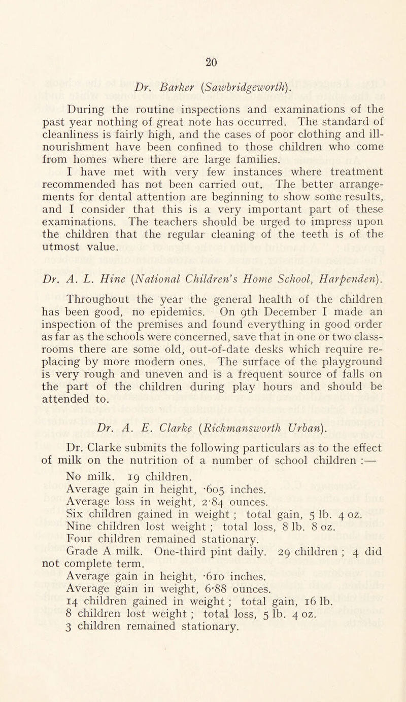 Dr. Barker {Sawhridgeworth). During the routine inspections and examinations of the past year nothing of great note has occurred. The standard of cleanliness is fairly high, and the cases of poor clothing and ill- nourishment have been conhned to those children who come from homes where there are large families. I have met with very few instances where treatment recommended has not been carried out. The better arrange- ments for dental attention are beginning to show some results, and I consider that this is a very important part of these examinations. The teachers should be urged to impress upon the children that the regular cleaning of the teeth is of the utmost value. Dr. A. L. nine [National Children's Home School, Harpenden). Throughout the year the general health of the children has been good, no epidemics. On 9th December I made an inspection of the premises and found everything in good order as far as the schools were concerned, save that in one or two class- rooms there are some old, out-of-date desks which require re- placing by more modern ones. The surface of the playground is very rough and uneven and is a frequent source of falls on the part of the children during play hours and should be attended to. Dr. A. E. Clarke [Rickmansworih Urban). Dr. Clarke submits the following particulars as to the effect of milk on the nutrition of a number of school children :— No milk. 19 children. Average gain in height, *605 inches. Average loss in weight, 2*84 ounces. Six children gained in weight ; total gain, 5 lb. 4 oz. Nine children lost weight ; total loss, 8 lb. 8 oz. Four children remained stationary. Grade A milk. One-third pint daily. 29 children ; 4 did not complete term. Average gain in height, *610 inches. Average gain in weight, 6'88 ounces. 14 children gained in weight ; total gain, 16 lb. 8 children lost weight ; total loss, 5 lb. 4 oz. 3 children remained stationary.