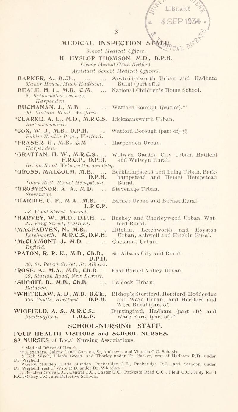 §> LIBRARY a 4 SEP 1934 * MEDICAL INSPECTION S School Medical Officer. H. HYSLOP THOMSON, M.D., D.P.H. County Medical Office, Hertford. Assistant School Medical Officers. i ZflCM C1 So Sawbridgeworth Urban and Hadbam Rural (part of).§ National Children’s Home School. Watford Borough (part of). BARKER, A., B.Ch., Manor House, Much Hadham. BEALE, H. L., M.B., C.M. 2, Rothamsted Avenue, Harpenden. BUCHANAN, J., M.B. 20, Station Road, Watford. *CLARKE, A. E., M.D., M.R.C.S. Rickmansworth Urban. Rickmansworth. COX, W. J., M.B., D.P.H, Public Health Dept., Watford. FRASER, H., M.B., C.M. Harpenden. GRATTAN, H. W., M.R.C.S., ... F.R.C.P., D.P.H, * * Watford Borough (part of).§( Harpenden Urban. Bridge Road, Welwyn Garden City. Welwyn Garden City Urban, Hatfield and Welwyn Rural. Berkhampstead and Tring Urban, Berk- hampstead and Hemel Hempstead Rural. Stevenage Urban. GROSS, MALCOLM, M B., ... D.P.H, Town Hall, Hemel Hempstead. GR05VEN0R, A. A., M.D. ... Stevenage. XHAROSE, C. F., M.A., M.B., ... Barnet Urban and Barnet Rural. L.R.C.P. 53, Wood Street, Barnet. HARVEY, W„ M.D., D.P.H. ... 25, King Street, Watford. MACFADYEN, N„ M.B., Letcliworth. M.R.C.S., D.P.H. McCLYMONT, J., M.D Enfield. PATON, R. R. K., M.B., Ch.B., D.P.H. 36, St. Peters Street, St. Albans. ROSE, A., M.A., M.B., Ch.B, ... 29, Station Road, New Barnet. SUGGIT, B., M.B., Ch.B. Baldock. WHITELAW, A. D., M.D., B.Ch., Bishop’s Stortford, Hertford, Hoddesdon and Ware Urban, and Hertford and Ware Rural (part of). Buntingford, Hadham (part of)§ and Ware Rural (part of).° Bushey and Chorleywood Urban, Wat- ford Rural. Hitcliin, Letchwortli and Royston Urban, Ash well and Hitchin Rural. Cheshunt Urban. St. Albans City and Rural. East Barnet Valley Urban. Baldock Urban. The Castle, Hertford. D.P.H. WIGFIELD, A. S., M.R.C.S., Buntingford. L.R.C.P. SCHOOL-NURSING STAFF. FOUR HEALTH VISITORS and SCHOOL NURSES. 88 NURSES of Local Nursing Associations. * Medical Officer of Health. ** Alexandra, Callow Land, Garston, St. Andrew’s, and Victoria C.C. Schools. § High Wych, Allen’s Green, and Thorley under Dr. Barker, rest of Hadham R.D. under Dr. Wigfield. ° Great Munden, Little Munden, Puckeridge C.E., Puckeridge R.C., and Standon under Dr. Wigfield, rest of Ware R.D. under Dr. Whitelaw. §§ Beechen Grove C.C., Central C.C., Chater C.C.. Parkgate Road C.C., Field C.C., Holy Rood R.C., Oxhey C.C., and Defective Schools.