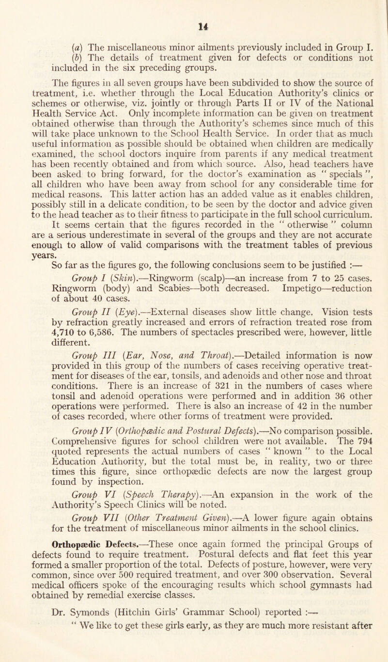 (a) The miscellaneous minor ailments previously included in Group I. (b) The details of treatment given for defects or conditions not included in the six preceding groups. The figures in all seven groups have been subdivided to show the source of treatment, i.e. whether through the Local Education Authority’s clinics or schemes or otherwise, viz. jointly or through Parts II or IV of the National Health Service Act. Only incomplete information can be given on treatment obtained otherwise than through the Authority’s schemes since much of this will take place unknown to the School Health Service. In order that as much useful information as possible should be obtained when children are medically examined, the school doctors inquire from parents if any medical treatment has been recently obtained and from which source. Also, head teachers have been asked to bring forward, for the doctor’s examination as “ specials ”, all children who have been away from school for any considerable time for medical reasons. This latter action has an added value as it enables children, possibly still in a delicate condition, to be seen by the doctor and advice given to the head teacher as to their fitness to participate in the full school curriculum. It seems certain that the figures recorded in the “ otherwise ” column are a serious underestimate in several of the groups and they are not accurate enough to allow of valid comparisons with the treatment tables of previous years. So far as the figures go, the following conclusions seem to be justified :— Group I (Skin).—Ringworm (scalp)—an increase from 7 to 25 cases. Ringworm (body) and Scabies—both decreased. Impetigo—reduction of about 40 cases. Group II (Eye).—External diseases show little change. Vision tests by refraction greatly increased and errors of refraction treated rose from 4,710 to 6,586. The numbers of spectacles prescribed were, however, little different. Group III (Ear, Nose, and Throat).—Detailed information is now provided in this group of the numbers of cases receiving operative treat- ment for diseases of the ear, tonsils, and adenoids and other nose and throat conditions. There is an increase of 321 in the numbers of cases where tonsil and adenoid operations were performed and in addition 36 other operations were performed. There is also an increase of 42 in the number of cases recorded, where other forms of treatment were provided. Group IV (Orthopedic and Postural Defects).—No comparison possible. Comprehensive figures for school children were not available. The 794 quoted represents the actual numbers of cases “ known ” to the Local Education Authority, but the total must be, in reality, two or three times this figure, since orthopaedic defects are now the largest group found by inspection. Group VI (Speech Therapy).—An expansion in the work of the Authority’s Speech Clinics will be noted. Group VII (Other Treatment Given).—A lower figure again obtains for the treatment of miscellaneous minor ailments in the school clinics. Orthopaedic Defects.—These once again formed the principal Groups of defects found to require treatment. Postural defects and flat feet this year formed a smaller proportion of the total. Defects of posture, however, were very common, since over 500 required treatment, and over 300 observation. Several medical officers spoke of the encouraging results which school gymnasts had obtained by remedial exercise classes. Dr. Symonds (Hitchin Girls’ Grammar School) reported :— “ We like to get these girls early, as they are much more resistant after