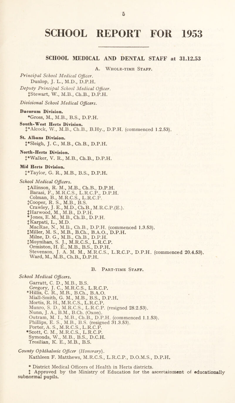 SCHOOL REPORT FOR 1953 SCHOOL MEDICAL AND DENTAL STAFF at 31.12.53 A. Whole-time Staff. Principal School Medical Officer. Dunlop, J. L., M.D., D.P.H. Deputy Principal School Medical Officer. J Stewart, W., M.B., Ch.B., D.P.H. Divisional School Medical Officers. Dacorum Division. ♦Gross, M., M.B., B.S., D.P.H. South-West Herts Division. J*Alcock, W., M.B., Ch.B., B.Hy., D.P.H. (commenced 1.2.53). St. Albans Division. |*Sleigh, J. C., M.B., Ch.B., D.P.H. North-Herts Division. J*Walker, V. R., M.B., Ch.B., D.P.H. Mid Herts Division. J*Taylor, G. R., M.B., B.S., D.P.H. School Medical Officers. jAllinson, R. M., M.B., Ch.B., D.P.H. Barasi, F., M.R.C.S., L.R.C.P., D.P.H. Colman, B., M.R.C.S., L.R.C.P. JCooper, R. S., M.B., B.S. Crawley, J. E., M.D., CEB., M.R.C.P.(E.). JHarwood, M., M.B., D.P.H. ♦Jones, E. M., M.B., Ch.B., D.P.H. JKarpati, L., M.D. MacRae, N., M.B., Ch.B., D.P.H. (commenced 1.3.53). J Miller, M. S., M.B., B.Ch., B.A.O., D.P.H. Milne, D. G., M.B., Ch.B., D.P.H. +Moynihan, S. J., M.R.C.S., L.R.C.P. Ormiston, H. E., M.B., B.S., D.P.H. Stevenson, J. A. M. M., M.R.C.S., L.R.C.P., D.P.H. (commenced 20.4.53). Ward, M., M.B., Ch.B., D.P.H. B. Part-time Staff. School Medical Officers. Garratt, C. D., M.B., B.S. Gregory, J. C., M.R.C.S., L.R.C.P. ♦Hillis, C. R., M.B., B.Ch., B.A.O. Miall-Smith, G. M., M.B., B.S., D.P.H. Mortis, R. H., M.R.C.S., L.R.C.P. Munro, S. D., M.R.C.S., L.R.C.P. (resigned 28.2.53). Nunn, J. A., 13.M., B.Ch. (Oxon). Outram, M. I., M.B., Ch.B., D.P.H. (commenced 1.1.53). Phillips, E. S., M.B., B.S. (resigned 31.3.53). Porter, A. S., M.R.C.S., L.R.C.P. ♦Scott, C. M., M.R.C.S., L.R.C.P. Symonds, W., M.B., B.S., D.C.H. Tresilian, K. E., M.B., B.S. County Ophthalmic Officer {Honorary). Kathleen F. Matthews, M.R.C.S., L.R.C.P., D.O.M.S., D.P.H. * District Medical Officers of Health in Herts districts. t Approved by the Ministry of Education for the ascertainment of educationally subnormal pupils.