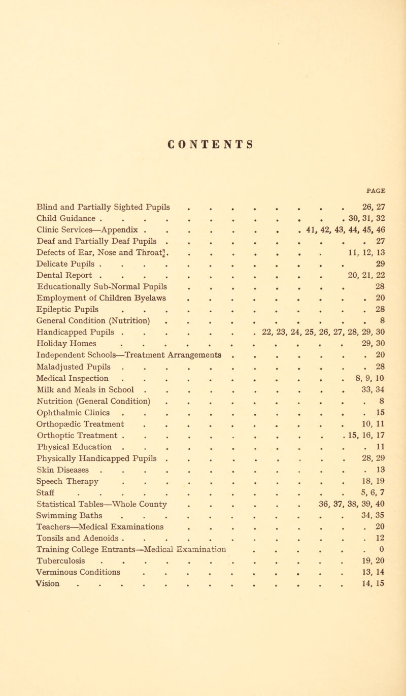 CONTENTS PAGE Blind and Partially Sighted Pupils Child Guidance . Clinic Services—Appendix . Deaf and Partially Deaf Pupils Defects of Ear, Nose and Throatl Delicate Pupils . Dental Report . Educationally Sub-Normal Pupils Employment of Children Byelaws Epileptic Pupils General Condition (Nutrition) Handicapped Pupils . Holiday Homes Independent Schools—Treatment Arrangements Maladjusted Pupils Medical Inspection Milk and Meals in School Nutrition (General Condition) Ophthalmic Clinics Orthopaedic Treatment Orthoptic Treatment . Physical Education Physically Handicapped Pupils . Skin Diseases .... Speech Therapy Staff ..... Statistical Tables—Whole County Swimming Baths Teachers—Medical Examinations Tonsils and Adenoids . Training College Entrants—Medical Examination Tuberculosis Verminous Conditions Vision .... 22, 23, 24 41, 42, 43 ,25, 6, 27 6, 37 26, 27 30, 31, 32 44, 45, 46 . 27 11, 12, 13 29 20, 21, 22 28 . 20 . 28 . 8 28, 29, 30 29, 30 . 20 . 28 8, 9, 10 33, 34 . 8 . 15 10, 11 15, 16, 17 . 11 28, 29 . 13 18, 19 5, 6,7 38, 39, 40 34, 35 . 20 . 12 . 0 19, 20 13, 14 14, 15