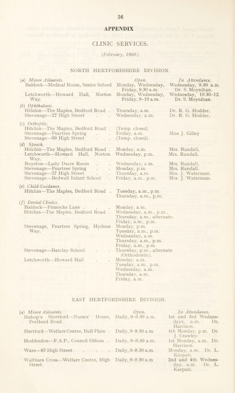 APPENDIX CLINIC SERVICES. [February, 1960.) NORTH HERTFORDSHIRE DIVISION. (a) Minor Ailments. Baldock—Medical Room, Senior School Letchworth—Howard Hall, Norton Way. (b) Ophthalmic. Hitchin—The Maples, Bedford Road . Stevenage—27 High Street (c) Orthoptic. Hitchin—The Maples, Bedford Road . Stevenage—Peartree Spring Stevenage—69 High Street (d) Speech. Hitchin—The Maples, Bedford Road . Letchworth—Howrard Hall, Norton Way. Royston—Lady Dacre Room Stevenage—Peartree Spring Stevenage—27 High Street Stevenage—Bedwell Infant School (e) Child Guidance. Hitchin—The Maples, Bedford Road . (/) Dental Clinics. Baldock—Pinnocks Lane . Hitchin—The Maples, Bedford Road . Stevenage, Peartree Spring, Hvdean Way. Stevenage—Barclay School Letchworth—Howard Hall Open. In Attendance. Monday, Wednesday, Wednesday, 9.30 a.m. Friday, 9.30 a.m. Dr. S. Moynihan. Monday, Wednesday, Wednesday, 10.30-12. Friday, 9-10 a.m. Dr. S. Moynihan. Thursday, a.m. Wednesday, a.m. Dr. R. G. Hodder. Dr. R. G. Hodder. (Temp, closed) F'riday, a.m. (Temp, closed). Miss J. Gilley Monday, a.m. Wednesday, p.m. Mrs. Randall. Mrs. Randall. Wednesday, a.m. Monday, p.m. Thursday, a.m. F'riday, a.m., p.m. Mrs. Randall. Mrs. Randall. Mrs. J. Waterman. Mrs. J. Waterman. Tuesday, a.m., p.m. Thursday, a.m., p.m. Monday, a.m. Wednesday, a.m., p.m., Thursday, a.m., alternate. F'riday, a.m., p.m. Monday, p.m. Tuesday, a.m., p.m. Wednesday, a.m. Thursday, a.m., p.m. Friday, a.m., p.m. Thursday, p.m., alternate (Orthodontic). Monday, a.m. Tuesday, a.m., p.m. Wednesday, a.m. Thursday, a.m. F'riday, a.m. EAST HERTFORDSHIRE DIVISION. (a) Minor Ailments. Bishop’s Stortford -Nurses’ Home, Portland Road. Open. Daily, 9-9.30 a.m. Hertford—Welfare Centre, Bull Plain . Hoddesdon—F.A.P., Council Offices . Ware—87 High Street Waltham Cross—Welfare Centre, High Street. Daily, 9 9.30 a.m. Daily, 9-9.30 a.in. Daily, 9-9.30 a.m Daily, 9-9.30 a.m In Attendance. 1st and 3rd Wednes- days, a.m. Dr. Harrison. 4th Monday, p.m. Dr. J. Crawley. 1st Monday, a.m. Dr. Harrison. Monday, a.m. Dr. L. Karpati. 2nd and 4th Wednes- day, a.m. Dr. L. Karpati.