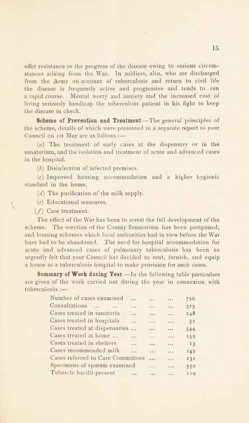 offer resistance to the progress of the disease owing to various circum- stances arising from the War. In soldiers, also, who are discharged from the Army on account of tuberculosis and return to civil life the disease is frequently active and progressive and tends to run a rapid course. Mental worry and anxiety and the increased cost of living seriously handicap the tuberculous patient in his fight to keep the disease in check. Scheme of Prevention and Treatment.—The general principles of the scheme, details of which were presented in a separate report to your Council on ist May are as follows :— (a) The treatment of early cases at the dispensary or in the sanatorium, and the isolation and treatment of acute and advanced cases in the hospital. (b) Disinfection of infected premises. (c) Improved housing accommodation and a higher hygienic standard in the home. (d) The purification of the milk supply. / (<?) Educational measures. (/) Care treatment. The effect of the War has been to arrest the full development of the scheme. The erection of the County Sanatorium has been postponed, and housing schemes which local authorities had in view before the War have had to be abandoned. The need for hospital accommodation for acute and advanced cases of pulmonary tuberculosis has been so urgently felt that your Council has decided to rent, furnish, and equip a house as a tuberculosis hospital to make provision for such cases. Summary of Work during Year. —In the following table particulars are given of the work carried out during the year in connexion with tuberculosis:— Number of cases examined ... ... ... 726 Consultations ... ... ... ... ... 325 Cases treated in sanatoria ... ... ... 248 Cases treated in hospitals ... ... ... 52 Cases treated at dispensaries ... ... ... 544 Cases treated at home ... ... ... ... 159 Cases treated in shelters ... ... ... 23 Cases recommended milk ... ... ... 142 Cases referred to Care Committees ... ... 131 Specimens of sputum examined ... ... 550 Tubercle bacilli present ... ... ... 119