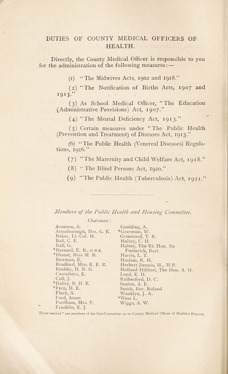 DUTIES OF COUNTY MEDICAL OFFICERS OF HEALTH. ' . ; ' 1 Directly, the County Medical Officer is responsible to you for the administration of the following measures: — (1) “The Midwives Acts, 1902 and 1918/’ (2) “The Notification of Births Acts, 1907 and 1915-” , 1 , , (3) As School Medical Officer, “The Education (Administrative Provisions) Act, 1907.“ ; 1 (4) “The Mental Deficiency Act, 1913.“ (5) Certain measures under “The Public Health (Prevention and Treatment) of Diseases Act, 1913/' (6) “The Public Health (Venereal Diseases) Regula¬ tions, 1916.” (7) “ The Maternity and Child Welfare Act, 1918.“ (8) “The Blind Persons Act, 1920.” (9) “ The Public Health (Tuberculosis) Act, 1921.“ Members of the Public Health and Housing Committee. Chairman : Aronson,A. Attenborough, Mrs. G. E. Baker, Lt.-Col. H. Ball, C. F. Ball, G. ^Barnard, E. B., o.n.E. *Blount, Miss M. B. Bowman, E. Bradford, Miss E. E. R. Bushby, H. N. G. Carruthers, E. Cull, J. *Daltry, B. H. R. *Fern, H. E. Flack, A. Ford, Amos Ford ham, Mrs. P. Franklin, E. J. Goulding, A. *Graveson, W. Grimwood, T. R. Halsey, C. H. Halsey, The Rt. Eton. Sir Frederick, Bart. Harris, L. T. Haslam, R. H. Herbert Dennis, H., M.P. Holland Hibbert, The Hon. A. H. Loyd, E. H. Rutherford, D. C. Seaton, A. E. Smith, Rev. Roland Wanklyn, J. A. *West L. Wiggs, A. W. Those marked * are members of the Sub-Committee as to County Medical Officer of Health’s Reports.