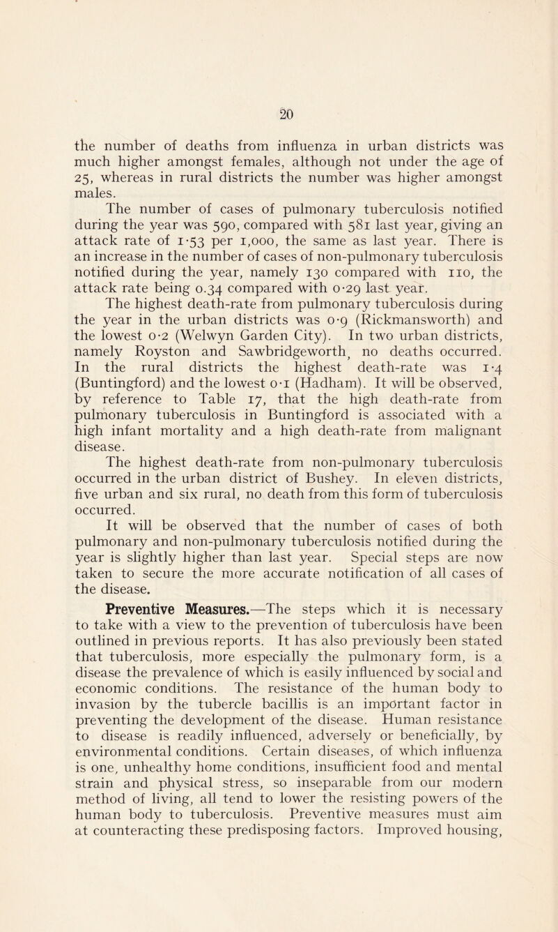 the number of deaths from influenza in urban districts was much higher amongst females, although not under the age of 25, whereas in rural districts the number was higher amongst males. The number of cases of pulmonary tuberculosis notified during the year was 590, compared with 581 last year, giving an attack rate of 1-53 per 1,000, the same as last year. There is an increase in the number of cases of non-pulmonary tuberculosis notified during the year, namely 130 compared with no, the attack rate being 0.34 compared with 0*29 last year. The highest death-rate from pulmonary tuberculosis during the year in the urban districts was 0*9 (Rickmansworth) and the lowest o*2 (Welwyn Garden City). In two urban districts, namely Royston and Sawbridgeworthy no deaths occurred. In the rural districts the highest death-rate was 1-4 (Buntingford) and the lowest o-i (Hadham). It will be observed, by reference to Table 17, that the high death-rate from pulmonary tuberculosis in Buntingford is associated with a high infant mortality and a high death-rate from malignant disease. The highest death-rate from non-pulmonary tuberculosis occurred in the urban district of Bushey. In eleven districts, five urban and six rural, no death from this form of tuberculosis occurred. It will be observed that the number of cases of both pulmonary and non-pulmonary tuberculosis notified during the year is slightly higher than last year. Special steps are now taken to secure the more accurate notification of all cases of the disease. Preventive Measures.—The steps which it is necessary to take with a view to the prevention of tuberculosis have been outlined in previous reports. It has also previously been stated that tuberculosis, more especially the pulmonary form, is a disease the prevalence of which is easily influenced by social and economic conditions. The resistance of the human body to invasion by the tubercle bacillis is an important factor in preventing the development of the disease. Human resistance to disease is readily influenced, adversely or beneficially, by environmental conditions. Certain diseases, of which influenza is one, unhealthy home conditions, insufficient food and mental strain and physical stress, so inseparable from our modern method of living, all tend to lower the resisting powers of the human body to tuberculosis. Preventive measures must aim at counteracting these predisposing factors. Improved housing,