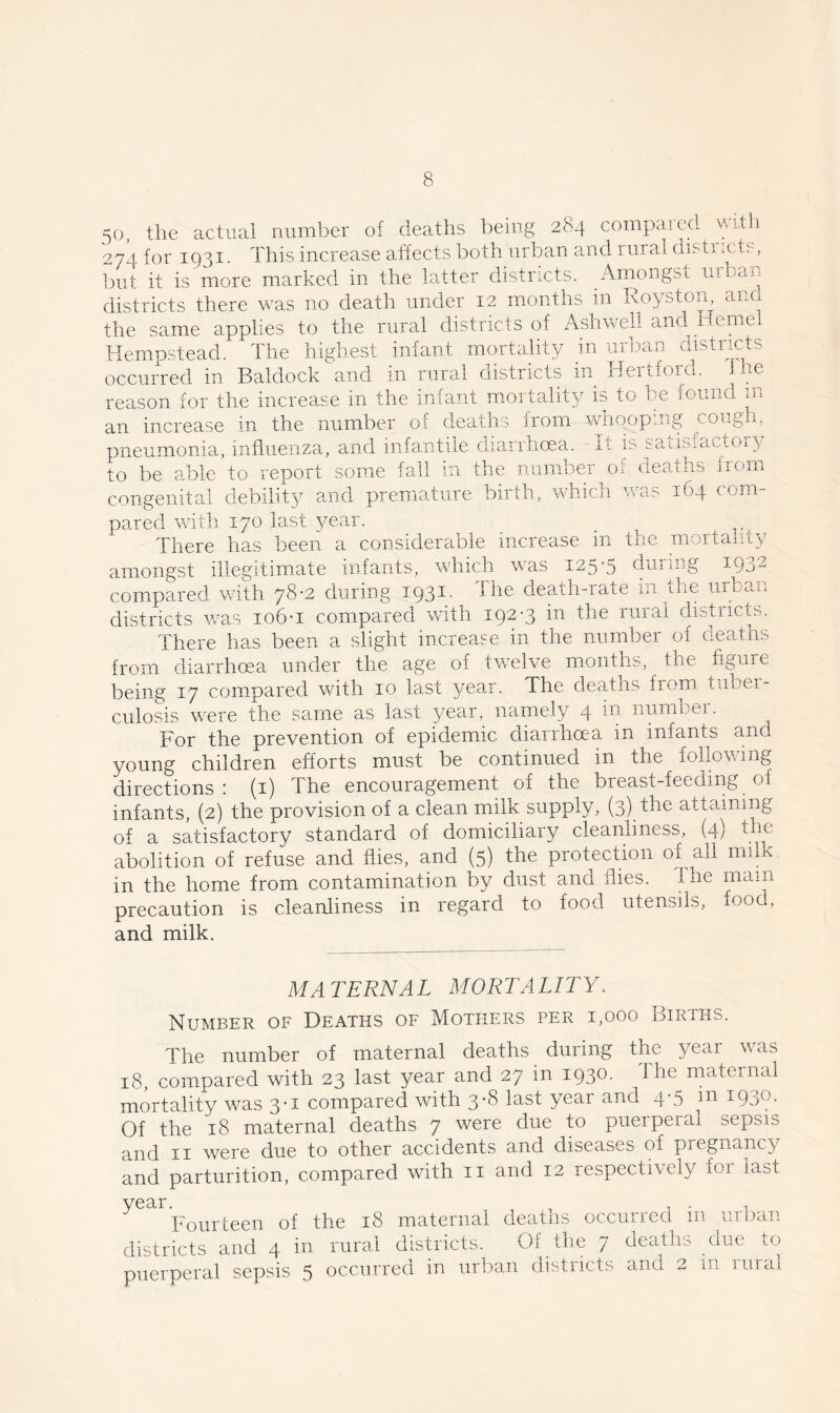 50, the actual number of deaths being 284 compaicd vath 274 for 1931. This increase affects both urban and lural distiicts, but it is more marked in the latter districts. Amongst urban districts there was no death under 12 months in Royston ana the same applies to the rural districts of Ashweil and Hemel Hempstead. The highest infant mortality in urban distrints occurred in Baldock and in rural aistricts in Heitforci. ne reason for the increase in the infant mortality is to be found in iOI an increase in the number of dwaths from wiioopiiig cough, s satisfactory deaths from which was 164 corn- pneumonia, influenza, and infantile diarrhoea. - It i to be a.ble to report some fall in the number oi congenital debility and premiature birth pared with 170 last year. _ ^ There has been a considerable increase in the mortanty amongst illegitimate infants, which was 125-5 during 1932 compared with 78-2 during 1931. The death-rate in the uroan districts was io6-i compared with 192-3 in the rural districts. There has been a slight increase in the number of oeatns from diarrhoea under the age of twelve months, the figure being 17 compared with 10 last year. The deaths from tuber- culosis were the same as last year, namely 4 in numbei. For the prevention of epidemic diarrhoea in infants and young children efforts must be continued in the fokmwing directions: (i) The encouragement of the breast-feeding of infants, (2) the provision of a clean milk supply, (3) the attaining of a satisfactory standard of domiciliary cleanliness, (4) the abolition of refuse and flies, and (5) the protection of all milk in the home from contamination by dust and flies. The main precaution is cleanliness in regard to food utensils, food, and milk. MATERNAL MORTALITY. Number of Deaths of Mothers per 1,000 dirths. The number of maternal deaths during the year was 18, compared with 23 last year and 27 in 1930. Ihe maternal mortality was 3-1 compared with 3-8 last year and 4-5 in 1930. Of the 18 maternal deaths 7 were due to puerperal sepsis and II were due to other accidents and diseases of pregnancy and parturition, compared with ii and 12 respectively for last Fourteen of the 18 maternal deatns occurred m urban districts and 4 in rural districts. Of the 7 deaths due to puerperal sepsis 5 occurred in urban districts and 2 in rural