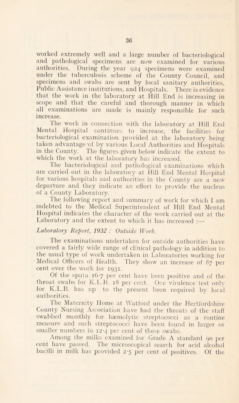 worked extremely well and a large number of bacteriological and pathological specimens are now examined for various authorities. During the year 924 specimens were examined under the tuberculosis scheme of the County Council, and specimens and swabs are sent by local sanitary authorities, Public Assistance institutions, and Hospitals. There is evidence that the work in the laboratory at Hill End is increasing in scope and that the careful and thorough manner in which all examinations are made is mainly responsible for such increase. The v/ork in connection with the laboratory at Hill End Mental Hospital continues to increase, the facilities for bacteriological examination provided at the laboratory being taken advantage'of by various Local Authorities and Hospitals in the County. The figures given below indicate the extent to which the work at the laboratory has increased. Ihe bacteriological and pathological examinations v/hich are carried out in the laboratory at Hill End Mental Hospital for various hospitals and authorities in the County are a new departure and they indicate an effort to provide the nucleus of a County Laboratory. Ihe following report and summary of work for which I am indebted to the Medical Superintendent of Hill End Mental Hospital indicates the character of the work carried out at the Laboratory and the extent to which it has increased :— Laboratory Report, 1932 : Outside Work. The examinations undertaken for outside authorities have covered a fairly wide range of clinical pathology in addition to the usual type of v/ork undertaken in Laboratories working for Medical Officers of Health. They show an increase of 87 per cent over the work for 1931. Of the sputa 16*7 per cent have been positive and of the throat swabs for K.L.B. 18 per cent. One virulence test onl}^ for K.L.B. has up to the present been required by local authorities. The Maternity Home at Watford under the Hertfordshire County Nursing Association have had the throats of the staff swabbed monthly for hemolytic streptococci as a routine measure and such streptococci have been found in larger or smaller numbers in 12*4 per cent of these swabs. Among the milks examined for Grade A standard 90 per cent have passed, the microscopical search for acid alcohol bacilli in milk has provided 2-5 per cent of positives. Of the