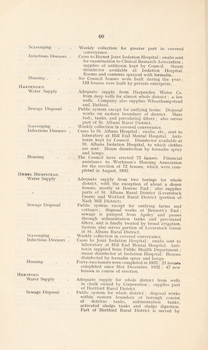 Scavenging Infectious Diseases . Housing . Harpenden. Water Supply Sewage Disposal Scavenging Infectious Diseases . Housing Hemel Hempstead. Water Supply Sewage Disposal Scavenging Infectious Diseases . Housing Hertford. Water Supply Sewage Disposal Weekly collection for greater part in covered conveyance. Cases to Barnet Joint Isolation Hospital ; swabs sent for examination to Clinical Research Association ; supplies of antitoxin kept by Council. Steam disinfector available at Isolation Hospital. Rooms and contents sprayed with formalin. No Council houses were built during the year; 133 houses were built by private enterprise. Adequate supply from Harpenden Water Co. from deep wells for almost whole district ; a few wells. Company also supplies Wheathampstead and Batford. Public system except for outlying farms. Disposal works on eastern boundary of district. Slate beds, tanks, and percolating filters ; also serves part of St. Albans Rural District. Weekly collection in covered conveyance. Cases to St. Albans Hospital ; swabs, etc., sent to laboratory at Hill End Mental Hospital. Anti- toxin kept by Council. Disinfector available at St. Albans Isolation Hospital, to which clothes are sent. House disinfection by formalin spray and lamps. The Council have erected 72 houses. Financial assistance to Workmen’s Housing Association for the erection of 72 houses, which were com- pleted in August, 1932. Adequate supply from two borings for whole district, with the exception of about a dozen houses, mostly at Bourne End ; also supplies parts of St. Albans Rural District (Leverstock Green) and Watford Rural District (portion of Nash Mill District). Public system except for outlying farms and cottages ; disposal works at Bennett’s End ; sewage is pumped from Apsley and passes through sedimentation tanks and percolated filters, and is finally treated by broad irrigation. System also serves portion of Leverstock Green in St. Albans Rural District. Weekly collection in covered conveyance. Cases to Joint Isolation Hospital ; swabs sent to laboratory at Hill End Mental Hospital. Anti- toxin supplied from Public Health Department ; steam disinfector at Isolation Hospital. Houses disinfected by formalin spray and lamps. Forty-two houses were completed in 1932; 21 houses completed since 31st December, 1932 ; 47 new houses in course of erection. Adequate supply for whole district from wells in chalk owned by Corporation ; supplies part of Hertford Rural District. Public system for whole district ; disposal works within eastern boundary of borough consist of detritus tanks, sedimentation tanks, activated sludge tanks and sludge digestion. Part of Hertford Rural District is served by