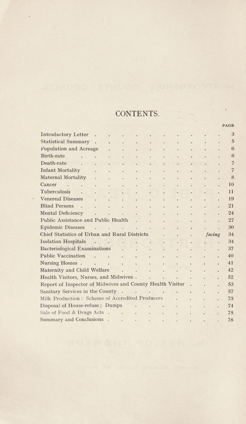 CONTENTS. PAGE Introductory Letter Statistical Summary . Population and Acreage Birth-rate Death-rate Infant Mortality Maternal Mortality Cancer Tuberculosis Venereal Diseases Blind Persons Mental Deficiency Public Assistance and Public Health 27 Epidemic Diseases ...... 30 Chief Statistics of Urban and Rural Districts facing 34 Isolation Hospitals ...... 34 Bacteriological Examinations .... 37 Public Vaccination ...... 40 Nursing Homes ....... 41 Maternity and Child Welfare .... 42 Health Visitors, Nurses, and Midwives . 52 Report of Inspector of Midwives and County Health Visitor 53 Sanitary Services in the County .... 57 Milk Production : Scheme of Accredited Producers 73 Disposal of House-refuse ; Dumps 74 Sale of Food & Drugs Acts ..... 75 Summary and Conclusions ..... « 9 78 5 6 6 7 7 8 10 11 19 21 24