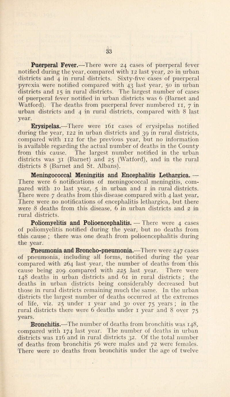 Puerperal Fever.—There were 24 cases of puerperal fever notified during the year, compared with 12 last year, 20 in urban districts and 4 in rural districts. Sixty-five cases of puerperal pyrexia were notified compared with 43 last year, 50 in urban districts and 15 in rural districts. The largest number of cases of puerperal fever notified in urban districts was 6 (Barnet and Watford). The deaths from puerperal fever numbered 11, 7 in urban districts and 4 in rural districts, compared with 8 last year. Erysipelas.'—There were 161 cases of erysipelas notified during the year, 122 in urban districts and 39 in rural districts, compared with 112 for the previous year, but no information is available regarding the actual number of deaths in the County from this cause. The largest number notified in the urban districts was 31 (Barnet) and 25 (Watford), and in the rural districts 8 (Barnet and St. Albans). Meningococcal Meningitis and Encephalitis Lethargica. — There were 6 notifications of meningococcal meningitis, com- pared with 10 last year, 5 in urban and 1 in rural districts. There were 7 deaths from this disease compared with 4 last year. There were no notifications of encephalitis lethargica, but there were 8 deaths from this disease, 6 in urban districts and 2 in rural districts. Poliomyelitis and Polioencephalitis. — There were 4 cases of poliomyelitis notified during the year, but no deaths from this cause ; there was one death from polioencephalitis during the year. Pneumonia and Broncho-pneumonia.—There were 247 cases of pneumonia, including all forms, notified during the year compared with 264 last year, the number of deaths from this cause being 209 compared with 225 last year. There were 148 deaths in urban districts and 61 in rural districts ; the deaths in urban districts being considerably decreased but those in rural districts remaining much the same. In the urban districts the largest number of deaths occurred at the extremes of life, viz. 25 under 1 year and 30 over 75 years ; in the rural districts there were 6 deaths under 1 year and 8 over 75 years. Bronchitis.'—The number of deaths from bronchitis was 148, compared with 174 last year. The number of deaths in urban districts was 116 and in rural districts 32. Of the total number of deaths from bronchitis 76 were males and 72 were females. There were 10 deaths from bronchitis under the age of twelve