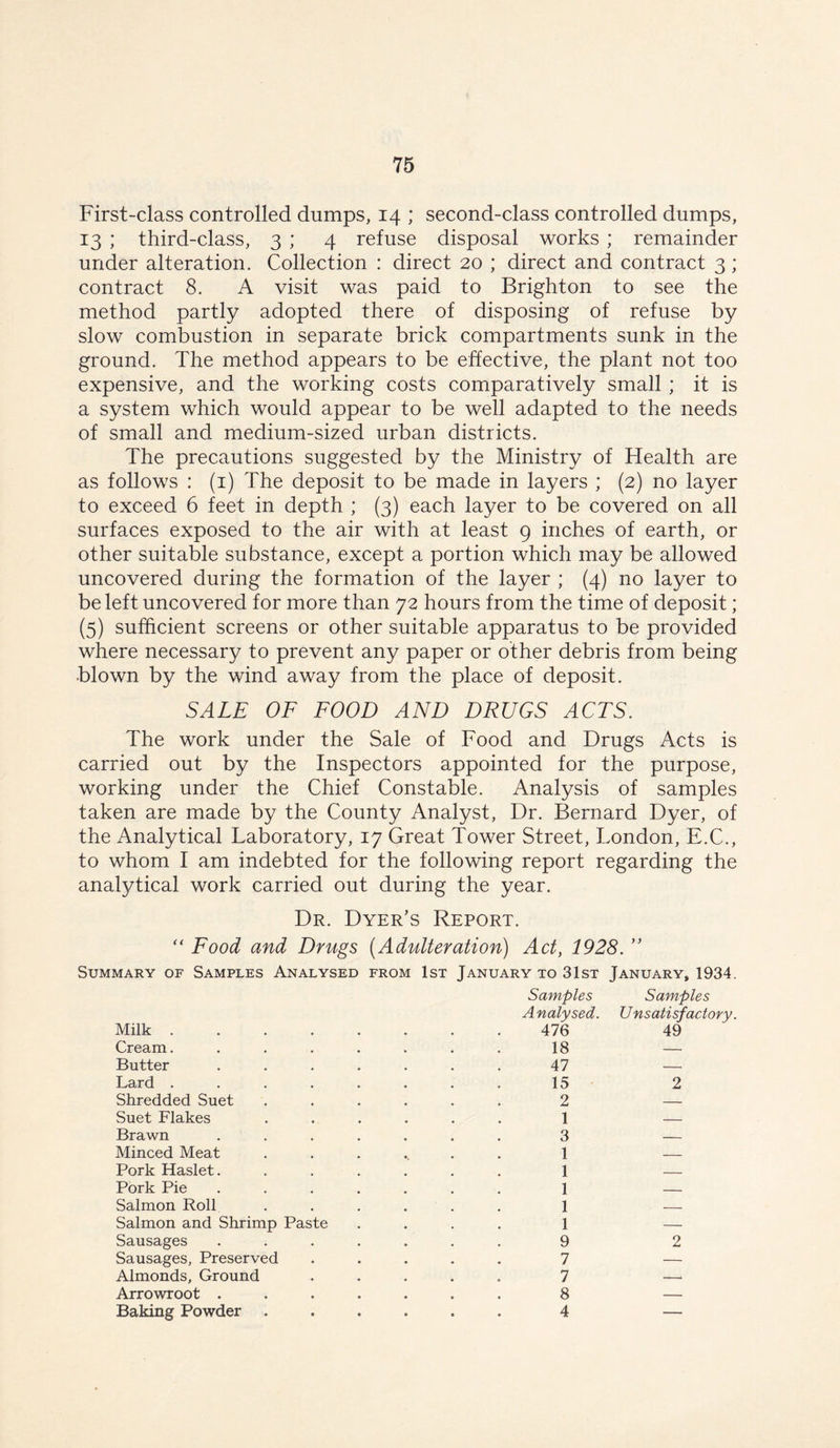 First-class controlled dumps, 14 ; second-class controlled dumps, 13 ; third-class, 3 ; 4 refuse disposal works ; remainder under alteration. Collection : direct 20 ; direct and contract 3 ; contract 8. A visit was paid to Brighton to see the method partly adopted there of disposing of refuse by slow combustion in separate brick compartments sunk in the ground. The method appears to be effective, the plant not too expensive, and the working costs comparatively small ; it is a system which would appear to be well adapted to the needs of small and medium-sized urban districts. The precautions suggested by the Ministry of Health are as follows : (1) The deposit to be made in layers ; (2) no layer to exceed 6 feet in depth ; (3) each layer to be covered on all surfaces exposed to the air with at least 9 inches of earth, or other suitable substance, except a portion which may be allowed uncovered during the formation of the layer ; (4) no layer to be left uncovered for more than 72 hours from the time of deposit; (5) sufficient screens or other suitable apparatus to be provided where necessary to prevent any paper or other debris from being blown by the wind away from the place of deposit. SALE OF FOOD AND DRUGS ACTS. The work under the Sale of Food and Drugs Acts is carried out by the Inspectors appointed for the purpose, working under the Chief Constable. Analysis of samples taken are made by the County Analyst, Dr. Bernard Dyer, of the Analytical Laboratory, 17 Great Tower Street, London, E.C., to whom I am indebted for the following report regarding the analytical work carried out during the year. Dr. Dyer’s Report. “ Food and Drugs (Adulteration) Act, 1928. ” Summary of Samples Analysed from 1st January to 31st January, 1934. Samples Samples Analysed. Unsatisfactory. Milk . Cream. Butter Lard . Shredded Suet Suet Flakes Brawn Minced Meat Pork Haslet. Pork Pie Salmon Roll Salmon and Shrimp Paste Sausages Sausages, Preserved Almonds, Ground Arrowroot . Baking Powder . 476 18 47 15 2 1 3 1 1 1 1 1 9 7 7 8 4 49