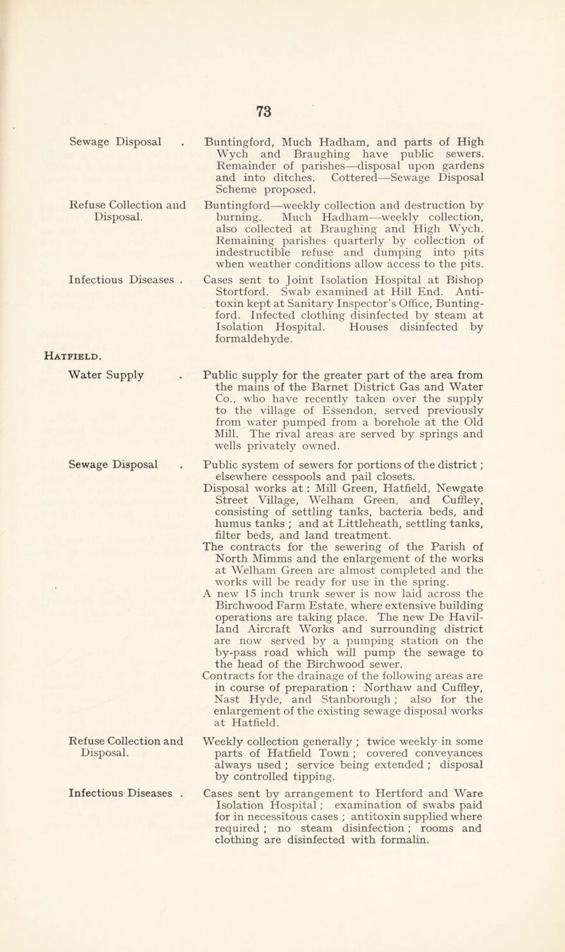 Sewage Disposal Refuse Collection and Disposal. Infectious Diseases . Hatfield. Buntingford, Much Hadham, and parts of High Wych and Braughing have public sewers. Remainder of parishes—disposal upon gardens and into ditches. Cottered—Sewage Disposal Scheme proposed. Buntingford—weekly collection and destruction by burning. Much Hadham—weekly collection, also collected at Braughing and High Wych. Remaining parishes quarterly by collection of indestructible refuse and dumping into pits when weather conditions allow access to the pits. Cases sent to Joint Isolation Hospital at Bishop Stortford. Swab examined at Hill End. Anti- toxin kept at Sanitary Inspector’s Office, Bunting- ford. Infected clothing disinfected by steam at Isolation Hospital. Houses disinfected by formaldehyde. Water Supply . Public supply for the greater part of the area from the mains of the Barnet District Gas and Water Co., who have recently taken over the supply to the village of Essendon, served previously from water pumped from a borehole at the Old Mill. The rival areas are served by springs and wells privately owned. Sewage Disposal . Public system of sewers for portions of the district; elsewhere cesspools and pail closets. Disposal works at : Mill Green, Hatfield, Newgate Street Village, Welham Green, and Cufiley, consisting of settling tanks, bacteria beds, and humus tanks ; and at Littleheath, settling tanks, filter beds, and land treatment. The contracts for the sewering of the Parish of North Mimms and the enlargement of the works at Welham Green are almost completed and the works will be ready for use in the spring. A new 15 inch trunk sewer is now laid across the Birchwood Farm Estate, where extensive building operations are taking place. The new De Havil- land Aircraft Works and surrounding district are now served by a pumping station on the by-pass road which will pump the sewage to the head of the Birchwood sewer. Contracts for the drainage of the following areas are in course of preparation : Northaw and Cuffley, Nast Hyde, and Stanborough ; also for the enlargement of the existing sewage disposal works at Hatfield. Weekly collection generally ; twice weekly in some parts of Hatfield Town ; covered conveyances always used ; service being extended ; disposal by controlled tipping. Cases sent by arrangement to Hertford and Ware Isolation Hospital; examination of swabs paid for in necessitous cases ; antitoxin supplied where required ; no steam disinfection; rooms and clothing are disinfected with formalin. Refuse Collection and Disposal. Infectious Diseases .