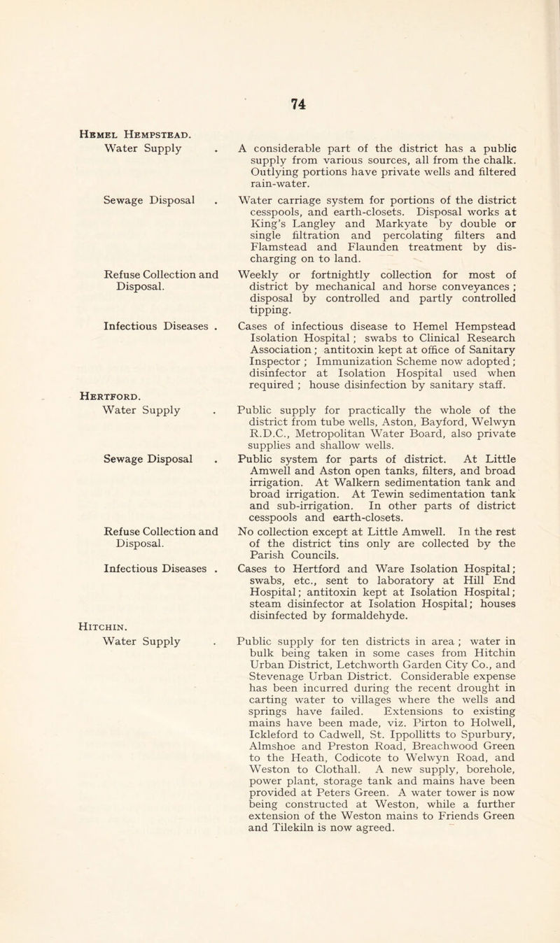 Hbmel Hempstead. Water Supply- Sewage Disposal Refuse Collection and Disposal. Infectious Diseases . Hertford. Water Supply Sewage Disposal Refuse Collection and Disposal. Infectious Diseases . Hitchin. Water Supply A considerable part of the district has a public supply from various sources, all from the chalk. Outlying portions have private wells and filtered rain-water. Water carriage system for portions of the district cesspools, and earth-closets. Disposal works at King’s Langley and Markyate by double or single filtration and percolating filters and Flamstead and Flaunden treatment by dis- charging on to land. Weekly or fortnightly collection for most of district by mechanical and horse conveyances ; disposal by controlled and partly controlled tipping. Cases of infectious disease to Hemel Hempstead Isolation Hospital; swabs to Clinical Research Association; antitoxin kept at office of Sanitary Inspector ; Immunization Scheme now adopted; disinfector at Isolation Hospital used when required ; house disinfection by sanitary staff. Public supply for practically the whole of the district from tube wells, Aston, Bayford, Welwyn R.D.C., Metropolitan Water Board, also private supplies and shallow wells. Public system for parts of district. At Little Amwell and Aston open tanks, filters, and broad irrigation. At Walkern sedimentation tank and broad irrigation. At Tewin sedimentation tank and sub-irrigation. In other parts of district cesspools and earth-closets. No collection except at Little Amwell. In the rest of the district tins only are collected by the Parish Councils. Cases to Hertford and Ware Isolation Hospital; swabs, etc., sent to laboratory at Hill End Hospital; antitoxin kept at Isolation Hospital; steam disinfector at Isolation Hospital; houses disinfected by formaldehyde. Public supply for ten districts in area ; water in bulk being taken in some cases from Hitchin Urban District, Letchworth Garden City Co., and Stevenage Urban District. Considerable expense has been incurred during the recent drought in carting water to villages where the wells and springs have failed. Extensions to existing mains have been made, viz. Pirton to Hoi well, Ickleford to Cadwell, St. Ippollitts to Spurbury, Almshoe and Preston Road, Breachwood Green to the Heath, Codicote to Welwyn Road, and Weston to Clothall. A new supply, borehole, power plant, storage tank and mains have been provided at Peters Green. A water tower is now being constructed at Weston, while a further extension of the Weston mains to Friends Green and Tilekiln is now agreed.