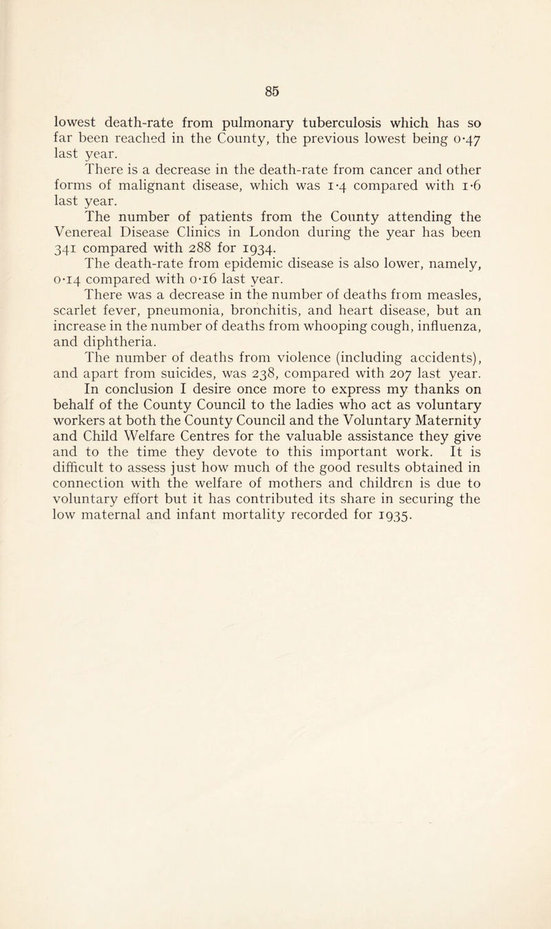 lowest death-rate from pulmonary tuberculosis which has so far been reached in the County, the previous lowest being 0-47 last year. There is a decrease in the death-rate from cancer and other forms of malignant disease, which was 1*4 compared with i*6 last year. The number of patients from the County attending the Venereal Disease Clinics in London during the year has been 341 compared with 288 for 1934. The death-rate from epidemic disease is also lower, namely, 0-14 compared with 0-16 last year. There was a decrease in the number of deaths from measles, scarlet fever, pneumonia, bronchitis, and heart disease, but an increase in the number of deaths from whooping cough, influenza, and diphtheria. The number of deaths from violence (including accidents), and apart from suicides, was 238, compared with 207 last year. In conclusion I desire once more to express my thanks on behalf of the County Council to the ladies who act as voluntary workers at both the County Council and the Voluntary Maternity and Child Welfare Centres for the valuable assistance they give and to the time they devote to this important work. It is difficult to assess just how much of the good results obtained in connection with the welfare of mothers and children is due to voluntary effort but it has contributed its share in securing the low maternal and infant mortality recorded for 1935.