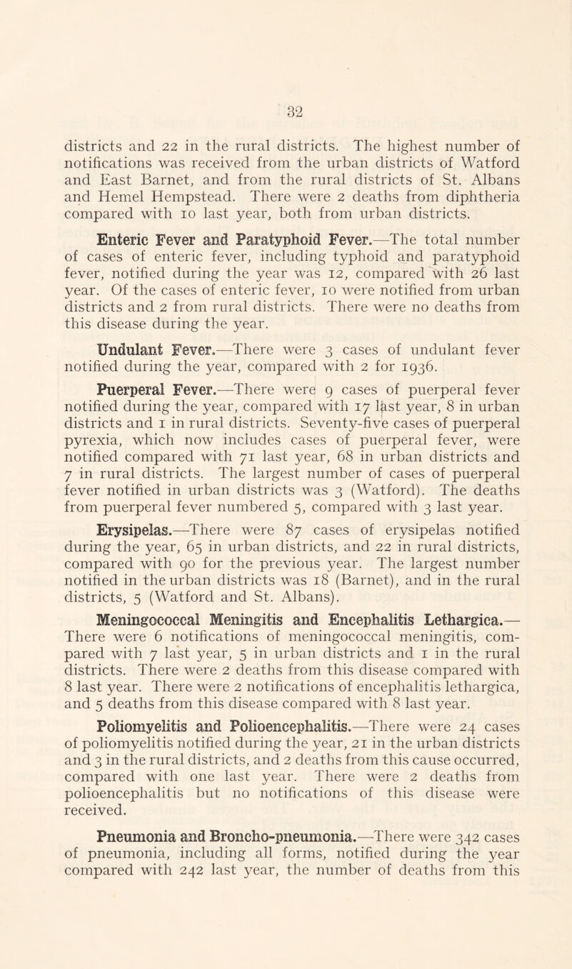 districts and 22 in the rural districts. The highest number of notifications was received from the urban districts of Watford and East Barnet, and from the rural districts of St. Albans and Kernel Hempstead. There were 2 deaths from diphtheria compared with 10 last year, both from urban districts. Enteric Fever and Paratyphoid Fever.—The total number of cases of enteric fever, including typhoid and paratyphoid fever, notified during the year wTas 12, compared with 26 last year. Of the cases of enteric fever, 10 were notified from urban districts and 2 from rural districts. There were no deaths from this disease during the year. Undulant Fever.—There were 3 cases of undulant fever notified during the year, compared with 2 for 1936. Puerperal Fever.—There were 9 cases of puerperal fever notified during the year, compared with 17 ihst year, 8 in urban districts and 1 in rural districts. Seventy-five cases of puerperal pyrexia, which now includes cases of puerperal fever, were notified compared with 71 last year, 68 in urban districts and 7 in rural districts. The largest number of cases of puerperal fever notified in urban districts was 3 (Watford). The deaths from puerperal fever numbered 5, compared with 3 last year. Erysipelas.—There were 87 cases of erysipelas notified during the year, 65 in urban districts, and 22 in rural districts, compared with 90 for the previous year. The largest number notified in the urban districts was 18 (Barnet), and in the rural districts, 5 (Watford and St. Albans). Meningococcal Meningitis and Encephalitis Lethargies.— There were 6 notifications of meningococcal meningitis, com- pared with 7 last year, 5 in urban districts and 1 in the rural districts. There were 2 deaths from this disease compared with 8 last year. There were 2 notifications of encephalitis lethargica, and 5 deaths from this disease compared with 8 last year. Poliomyelitis and Polioencephalitis.—There were 24 cases of poliomyelitis notified during the year, 21 in the urban districts and 3 in the rural districts, and 2 deaths from this cause occurred, compared with one last year. There were 2 deaths from polioencephalitis but no notifications of this disease were received. Pneumonia and Broncho-pneumonia.—There were 342 cases of pneumonia, including all forms, notified during the year compared with 242 last year, the number of deaths from this