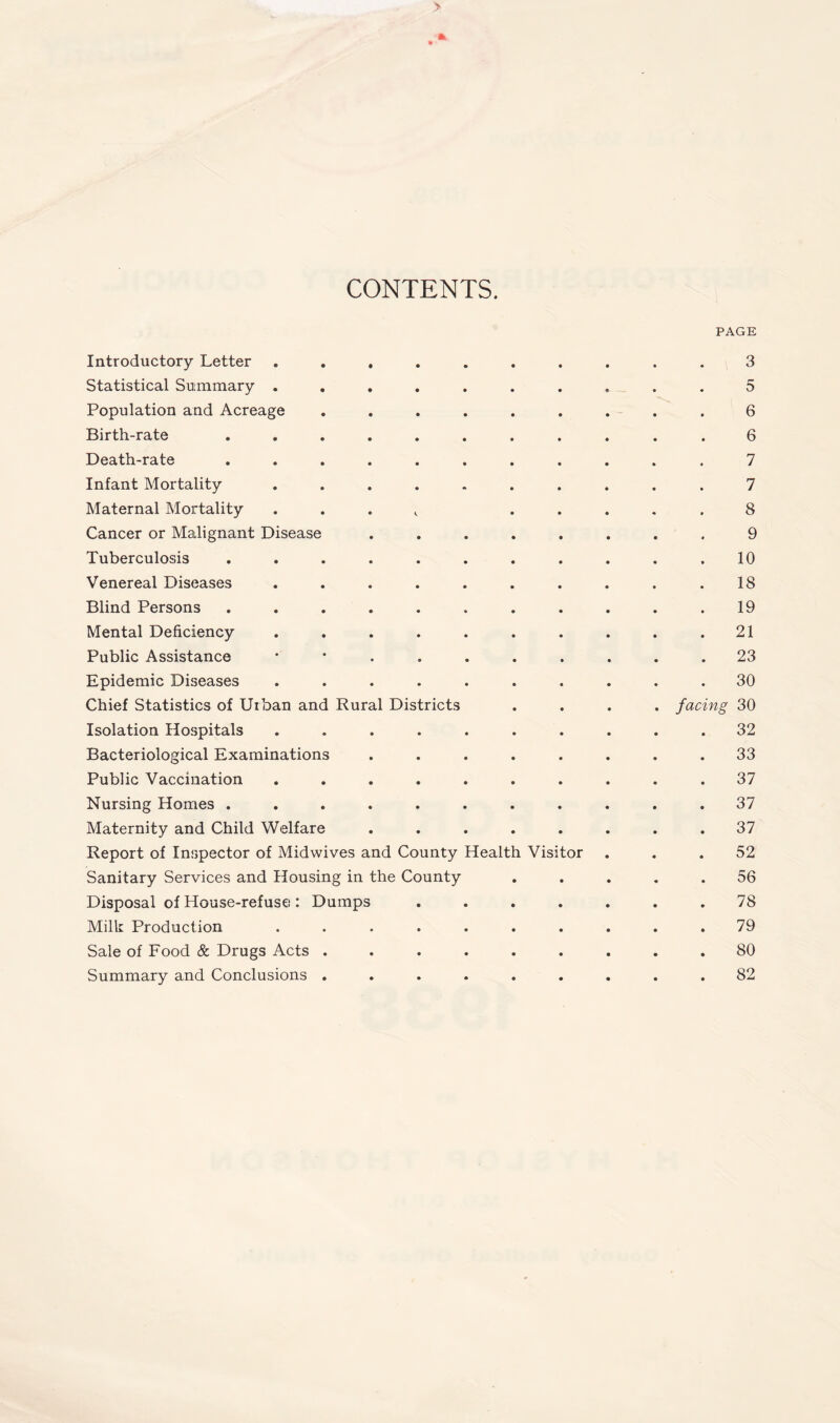 > CONTENTS. PAGE Introductory Letter .......... 3 Statistical Summary .......... 5 Population and Acreage ......... 6 Birth-rate ........... 6 Death-rate ........... 7 Infant Mortality .......... 7 Maternal Mortality . . . ,. ..... 8 Cancer or Malignant Disease ........ 9 Tuberculosis . . . . . . . . . . .10 Venereal Diseases . . . . . . . . . .18 Blind Persons . . . . . . . . . . .19 Mental Deficiency . . . . . . . . . .21 Public Assistance 23 Epidemic Diseases .......... 30 Chief Statistics of Urban and Rural Districts .... facing 30 Isolation Hospitals .......... 32 Bacteriological Examinations ........ 33 Public Vaccination .......... 37 Nursing Homes ........... 37 Maternity and Child Welfare . . . . . . . .37 Report of Inspector of Midwives and County Health Visitor ... 52 Sanitary Services and Housing in the County ..... 56 Disposal of House-refuse: Dumps ....... 78 Milk Production .......... 79 Sale of Food & Drugs Acts ......... 80 Summary and Conclusions ......... 82