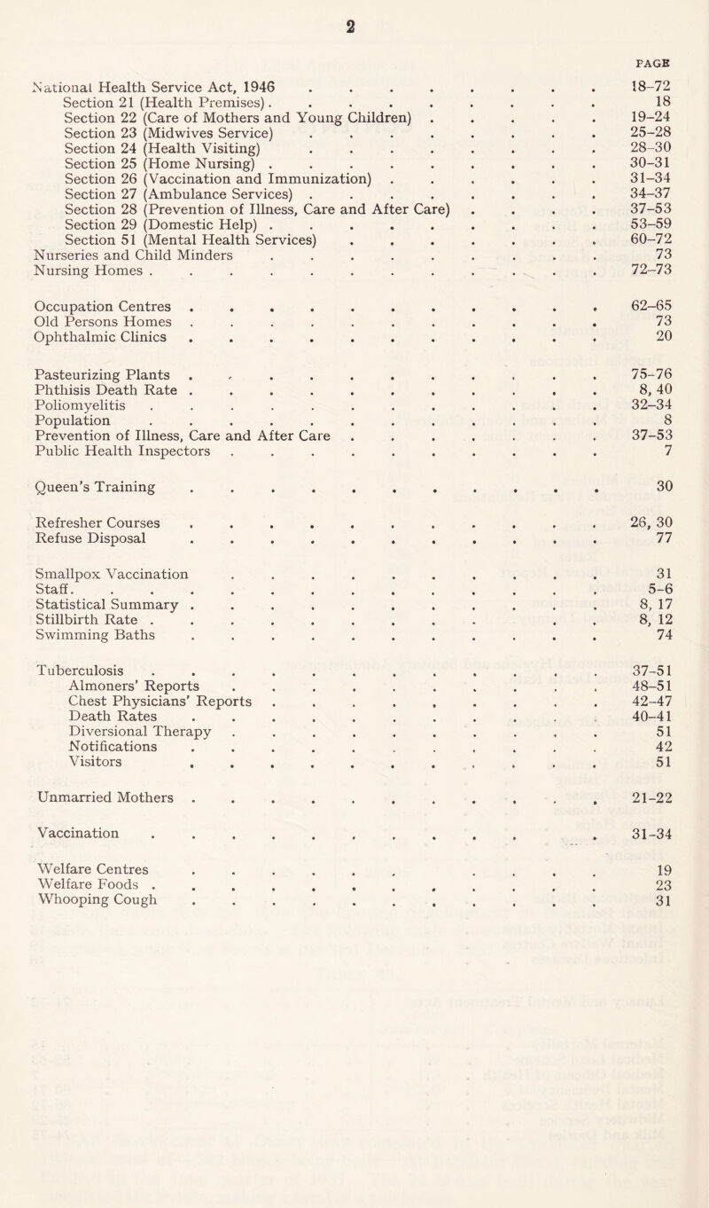 PAGE National Health Service Act, 1946 ........ 18-72 Section 21 (Health Premises). ........ 18 Section 22 (Care of Mothers and Young Children) ..... 19-24 Section 23 (Midwives Service) ........ 25-28 Section 24 (Health Visiting) ........ 28-30 Section 25 (Home Nursing) ......... 30-31 Section 26 (Vaccination and Immunization) ...... 31-34 Section 27 (Ambulance Services) ........ 34-37 Section 28 (Prevention of Illness, Care and After Care) .... 37-53 Section 29 (Domestic Help) ......... 53-59 Section 51 (Mental Health Services) ....... 60-72 Nurseries and Child Minders ......... 73 Nursing Homes ............ 72-73 Occupation Centres ........... 62-65 Old Persons Homes ........... 73 Ophthalmic Clinics ........... 20 Pasteurizing Plants ........... 75-76 Phthisis Death Rate ........... 8, 40 Poliomyelitis ............ 32—34 Population ............ 8 Prevention of Illness, Care and After Care ....... 37-53 Public Health Inspectors .......... 7 Queen's Training ........... 30 Refresher Courses ........... 26, 30 Refuse Disposal ........... 77 Smallpox Vaccination .......... 31 Staff. ............. 5-6 Statistical Summary . . . . . . . . . . . 8, 17 Stillbirth Rate ......... . . 8, 12 Swimming Baths ........... 74 Tuberculosis ............ 37-51 Almoners’ Reports .......... 48-51 Chest Physicians’ Reports ......... 42-47 Death Rates ........... 40-41 Diversional Therapy .......... 51 Notifications ........... 42 Visitors ........... 51 Unmarried Mothers ........... 21-22 Vaccination 31-34 Welfare Centres Welfare Foods . Whooping Cough 19 23 31