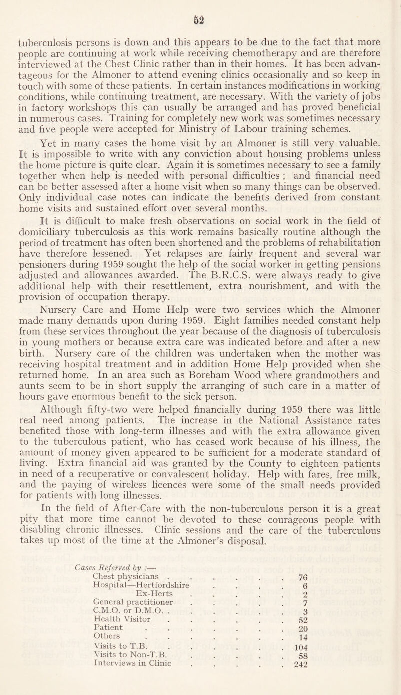 tuberculosis persons is down and this appears to be due to the fact that more people are continuing at work while receiving chemotherapy and are therefore interviewed at the Chest Clinic rather than in their homes. It has been advan- tageous for the Almoner to attend evening clinics occasionally and so keep in touch with some of these patients. In certain instances modifications in working conditions, while continuing treatment, are necessary. With the variety of jobs in factory workshops this can usually be arranged and has proved beneficial in numerous cases. Training for completely new work was sometimes necessary and five people were accepted for Ministry of Labour training schemes. Yet in many cases the home visit by an Almoner is still very valuable. It is impossible to write with any conviction about housing problems unless the home picture is quite clear. Again it is sometimes necessary to see a family together when help is needed with personal difficulties ; and financial need can be better assessed after a home visit when so many things can be observed. Only individual case notes can indicate the benefits derived from constant home visits and sustained effort over several months. It is difficult to make fresh observations on social work in the field of domiciliary tuberculosis as this work remains basically routine although the period of treatment has often been shortened and the problems of rehabilitation have therefore lessened. Yet relapses are fairly frequent and several war pensioners during 1959 sought the help of the social worker in getting pensions adjusted and allowances awarded. The B.R.C.S. were always ready to give additional help with their resettlement, extra nourishment, and with the provision of occupation therapy. Nursery Care and Home Help were two services which the Almoner made many demands upon during 1959. Eight families needed constant help from these services throughout the year because of the diagnosis of tuberculosis in young mothers or because extra care was indicated before and after a new birth. Nursery care of the children was undertaken when the mother was receiving hospital treatment and in addition Home Help provided when she returned home. In an area such as Boreham Wood where grandmothers and aunts seem to be in short supply the arranging of such care in a matter of hours gave enormous benefit to the sick person. Although fifty-two were helped financially during 1959 there was little real need among patients. The increase in the National Assistance rates benefited those with long-term illnesses and with the extra allowance given to the tuberculous patient, who has ceased work because of his illness, the amount of money given appeared to be sufficient for a moderate standard of living. Extra financial aid was granted by the County to eighteen patients in need of a recuperative or convalescent holiday. Help with fares, free milk, and the paying of wireless licences were some of the small needs provided for patients with long illnesses. In the field of After-Care with the non-tuberculous person it is a great pity that more time cannot be devoted to these courageous people with disabling chronic illnesses. Clinic sessions and the care of the tuberculous takes up most of the time at the Almoner’s disposal. Cases Referred by :— Chest physicians ...... 76 Hospital—Hertfordshire .... 6 Ex-Herts ..... 2 General practitioner .... 7 C.M.O. or D.M.O ‘ 3 Health Visitor ...... 52 Patient . . . . . .20 Others . . . . . . .14 Visits to T.B. ...... 104 Visits to Non-T.B. ..... 58 Interviews in Clinic ..... 242