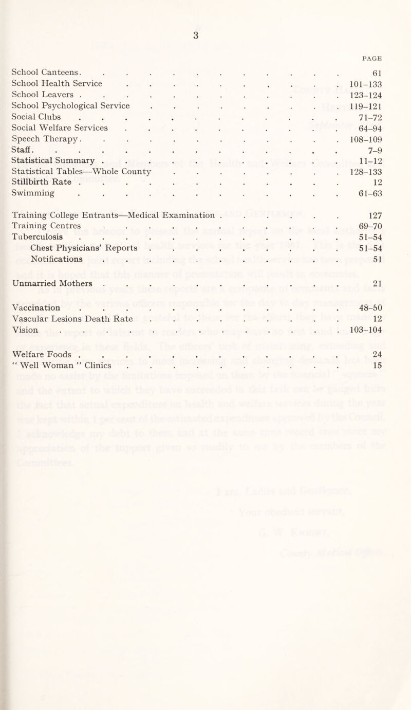 PAGE School Canteens. ........... 61 School Health Service .......... 101-133 School Leavers ............ 123-124 School Psychological Service . . . . . . . . .119-121 Social Clubs ............ 71-72 Social Welfare Services .......... 64-94 Speech Therapy. ........... 108-109 Staff. ............. 7-9 Statistical Summary ........... 11-12 Statistical Tables—Whole County ........ 128-133 Stillbirth Rate ............ 12 Swimming . ........... 61-63 Training College Entrants—Medical Examination . . . . . . 127 Training Centres ........... 69-70 Tuberculosis ............ 51-54 Chest Physicians’ Reports ......... 51-54 Notifications ........... 51 Unmarried Mothers ........... 21 Vaccination ............ 48-50 Vascular Lesions Death Rate ......... 12 Vision ............. 103-104 Welfare Foods ............ 24 “ Well Woman ” Clinics 15