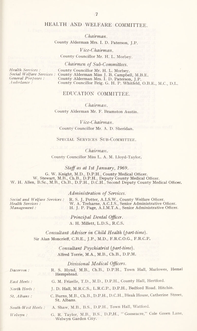 HEALTH AND WELFARE COMMITTEE. Chairman. County Alderman Mrs. I. D. Paterson, J.P. Vice-C hair man. County Councillor Mr. H. L. Morbey. Chairmen of Sub-Committees. Health Services : County Councillor Mr. H. L. Morbey. Social Welfare Services : County Alderman Miss J. B. Campbell, M.B.E. General Purposes : County Alderman Mrs. I. D. Paterson, J.P. Ambulance : County Councillor Brig. G. H. P. Whitfeld, O.B.E., M.C., D.L. EDUCATION COMMITTEE. Chairman. County Alderman Mr. F. Bramston Austin. Vice-Chairman. County Councillor Mr. A. D. Sheridan. Special Services Sub-Committee. Chairman. County Councillor Miss L. A. M. Lloyd-Taylor. Staff as at 1st January, 1969. G. W. Knight, M.D., D.P.H., County Medical Officer. W. Stewart, M.B., Ch.B., D.P.H., Deputy County Medical Officer. W. H. Allen, B.Sc., M.B., Ch.B., D.P.H., D.C.H., Second Deputy County Medical Officer. Administration of Services. Social and Welfare Services : R. S. J. Potter, A.I.S.W., County Welfare Officer. Health Services : W. A. Treharne, A.C.I.S., Senior Administrative Officer. Management : H. J. P. Page, A.I.M.T.A., Senior Administrative Officer. Principal Dental Officer. A. H. Millett, L.D.S., R.C.S. Consultant Adviser in Child Health [part-time). Sir Alan Moncrieff, C.B.E., J.P., M.D., F.R.C.O.G., F.R.C.P. Consultant Psychiatrist [part-time). Alfred Torrie, M.A., M.B., Ch.B., D.P.M. Daconnn : East Herts : North Herts : St. Albans : South-West Herts : Welwyn : Divisional Medical Officers. R. S. Hynd, M.B., Ch.B., D.P.H., Town Hall, Marlowes, Hemel Hempstead. G. M. Frizelle, T.D., M.D., D.P.H., County Hall, Hertford. J. D. Hall, M.R.C.S., L.R.C.P., D.P.H., Bedford Road. Hitchin. C. Burns, M.B., Ch.B., D.P.H., D.C.H., Bleak House, Catherine Street, St. Albans. A. Shaw, M.B., B.S., D.P.H., Town Hall, Watford. G. R. Taylor, M.B., B.S., D.P.H., “ Gooseacre,” Cole Green Lane, Welwyn Garden City.