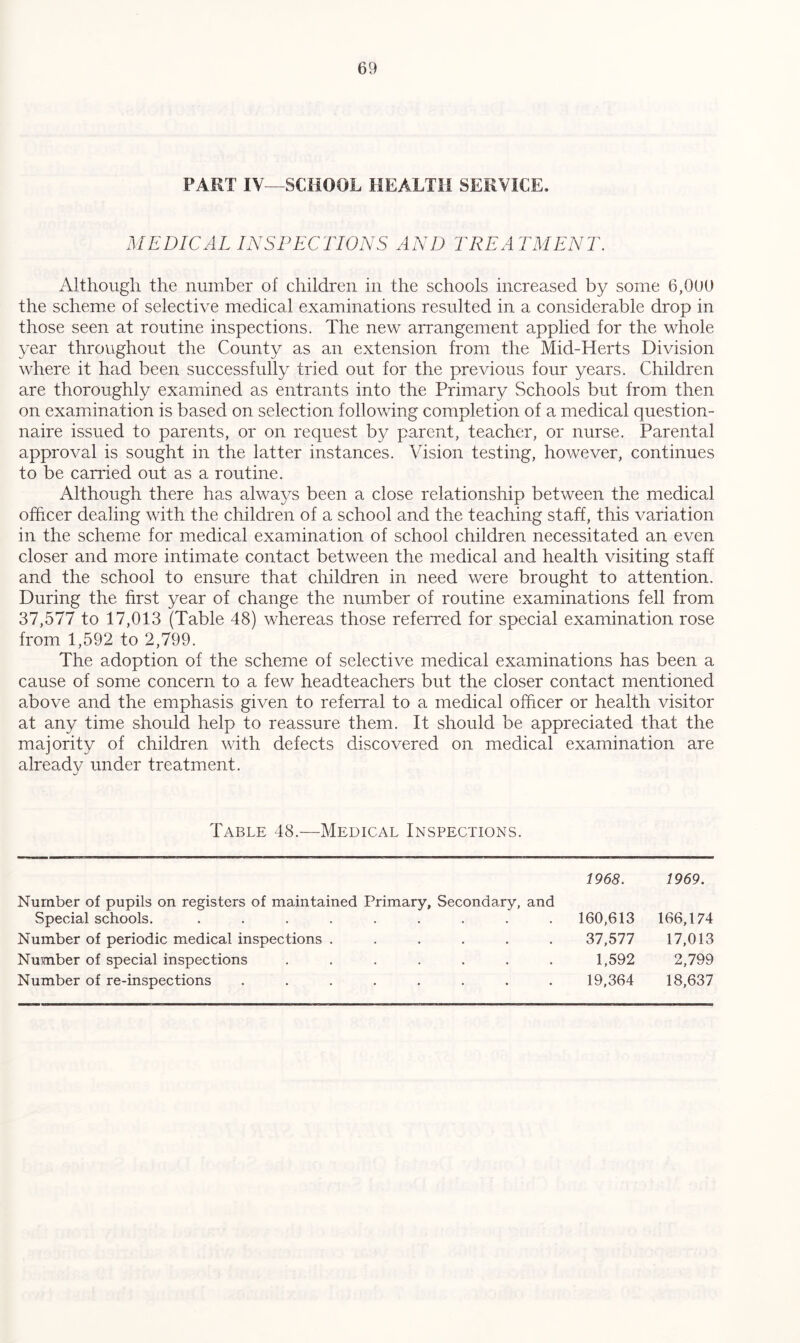 PART IV—SCHOOL HEALTH SERVICE. MEDICAL INSPECTIONS AND TREATMENT. Although the number of children in the schools increased by some 6,000 the scheme of selective medical examinations resulted in a considerable drop in those seen at routine inspections. The new arrangement applied for the whole year throughout the County as an extension from the Mid-Herts Division where it had been successfully tried out for the previous four years. Children are thoroughly examined as entrants into the Primary Schools but from then on examination is based on selection following completion of a medical question- naire issued to parents, or on request by parent, teacher, or nurse. Parental approval is sought in the latter instances. Vision testing, however, continues to be carried out as a routine. Although there has always been a close relationship between the medical officer dealing with the children of a school and the teaching staff, this variation in the scheme for medical examination of school children necessitated an even closer and more intimate contact between the medical and health visiting staff and the school to ensure that children in need were brought to attention. During the first year of change the number of routine examinations fell from 37,577 to 17,013 (Table 48) whereas those referred for special examination rose from 1,592 to 2,799. The adoption of the scheme of selective medical examinations has been a cause of some concern to a few headteachers but the closer contact mentioned above and the emphasis given to referral to a medical officer or health visitor at any time should help to reassure them. It should be appreciated that the majority of children with defects discovered on medical examination are already under treatment. Table 48.—Medical Inspections. 1968. 1969. Number of pupils on registers of maintained Primary, Secondary, and Special schools. ......... 160,613 166,174 Number of periodic medical inspections ...... 37,577 17,013 Number of special inspections ....... 1,592 2,799 Number of re-inspections ........ 19,364 18,637