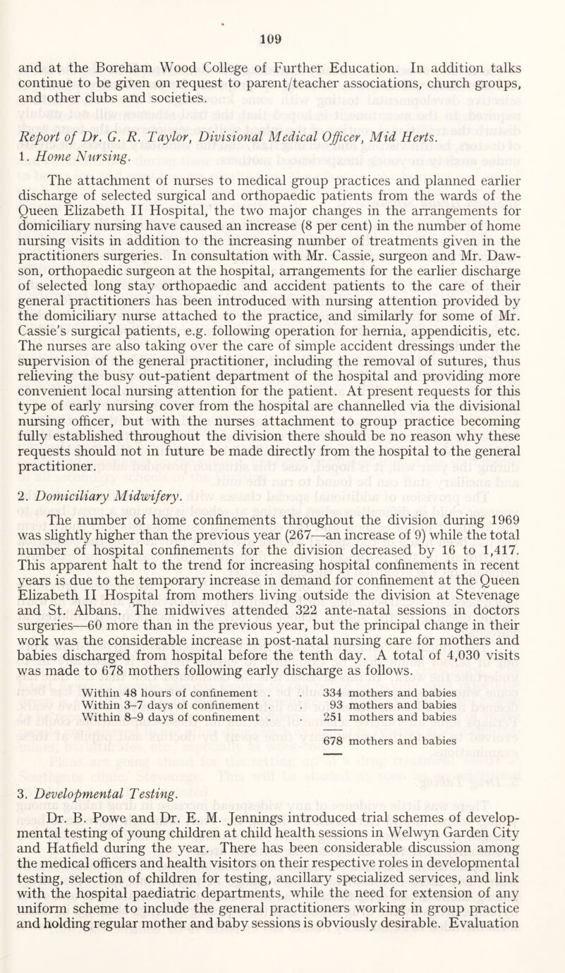 and at the Boreham Wood College of Further Education. In addition talks continue to be given on request to parent/teacher associations, church groups, and other clubs and societies. Report of Dr. G. R. Taylor, Divisional Medical Officer, Mid Herts. 1. Home Nursing. The attachment of nurses to medical group practices and planned earlier discharge of selected surgical and orthopaedic patients from the wards of the Queen Elizabeth II Hospital, the two major changes in the arrangements for domiciliary nursing have caused an increase (8 per cent) in the number of home nursing visits in addition to the increasing number of treatments given in the practitioners surgeries. In consultation with Mr. Cassie, surgeon and Mr. Daw- son, orthopaedic surgeon at the hospital, arrangements for the earlier discharge of selected long stay orthopaedic and accident patients to the care of their general practitioners has been introduced with nursing attention provided by the domiciliary nurse attached to the practice, and similarly for some of Mr. Cassie's surgical patients, e.g. following operation for hernia, appendicitis, etc. The nurses are also taking over the care of simple accident dressings under the supervision of the general practitioner, including the removal of sutures, thus relieving the busy out-patient department of the hospital and providing more convenient local nursing attention for the patient. At present requests for this type of early nursing cover from the hospital are channelled via the divisional nursing officer, but with the nurses attachment to group practice becoming fully established throughout the division there should be no reason why these requests should not in future be made directly from the hospital to the general practitioner. 2. Domiciliary Midwifery. The number of home confinements throughout the division during 1969 was slightly higher than the previous year (267—an increase of 9) while the total number of hospital confinements for the division decreased by 16 to 1,417. This apparent halt to the trend for increasing hospital confinements in recent years is due to the temporary increase in demand for confinement at the Queen Elizabeth II Hospital from mothers living outside the division at Stevenage and St. Albans. The midwives attended 322 ante-natal sessions in doctors surgeries—60 more than in the previous year, but the principal change in their work was the considerable increase in post-natal nursing care for mothers and babies discharged from hospital before the tenth day. A total of 4,030 visits was made to 678 mothers following early discharge as follows. Within 48 hours of confinement . Within 3-7 days of confinement . Within 8-9 days of confinement . 334 mothers and babies 93 mothers and babies 251 mothers and babies 678 mothers and babies 3. Developmental Testing. Dr. B. Powe and Dr. E. M. Jennings introduced trial schemes of develop- mental testing of young children at child health sessions in Welwyn Garden City and Hatfield during the year. There has been considerable discussion among the medical officers and health visitors on their respective roles in developmental testing, selection of children for testing, ancillary specialized services, and link with the hospital paediatric departments, while the need for extension of any uniform scheme to include the general practitioners working in group practice and holding regular mother and baby sessions is obviously desirable. Evaluation