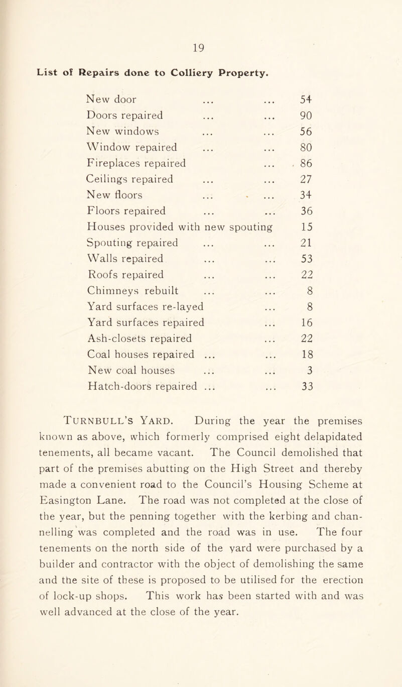 List of Repairs done to Colliery Property. New door ... ... 54 Doors repaired ... ... 90 New windows ... ... 56 Window repaired ... ... 80 Fireplaces repaired ... .86 Ceilings repaired ... ... 27 New floors ... . ... 34 Floors repaired ... ... 36 Houses provided with new spouting 15 Spouting repaired ... ... 21 Walls repaired ... ... 53 Roofs repaired ... ... 22 Chimneys rebuilt ... ... 8 Yard surfaces re-layed ... 8 Yard surfaces repaired ... 16 Ash-closets repaired ... 22 Coal houses repaired ... ... 18 New coal houses ... ... 3 Hatch-doors repaired ... ... 33 Turnbull’s Yard. During the year the premises known as above, which formerly comprised eight delapidated tenements, all became vacant. The Council demolished that part of the premises abutting on the High Street and thereby made a convenient road to the Council’s Housing Scheme at Easington Lane. The road was not completed at the close of the year, but the penning together with the kerbing and chan- nelling was completed and the road was in use. The four tenements on the north side of the yard were purchased by a builder and contractor with the object of demolishing the same and the site of these is proposed to be utilised for the erection of lock-up shops. This work has been started with and was well advanced at the close of the year.