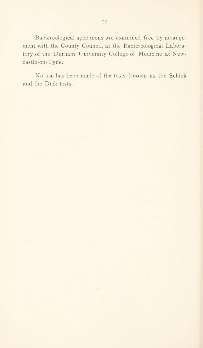 Bactereological specimens are examined free by arrange- ment with the County Council, at the Bactereological Labora- tory of the Durham University College of Medicine at New- castle-on-Tyne. No use has been made of the tests known as the Schiek and the Diek tests.