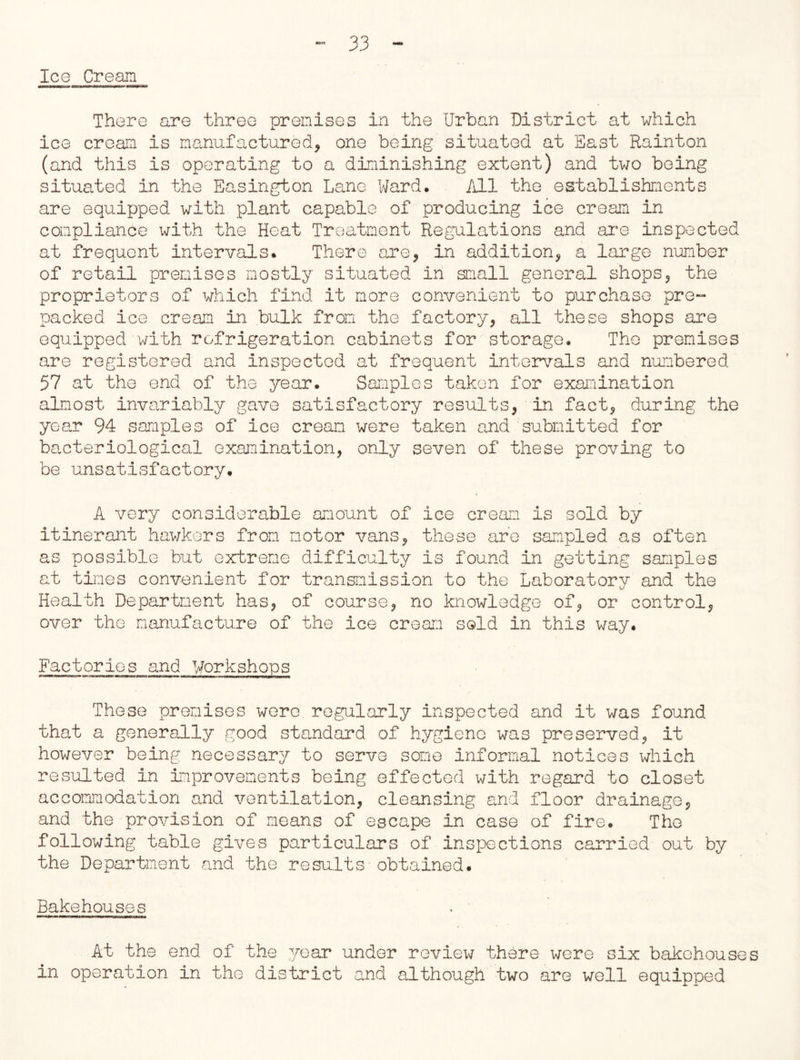 Ice Cream There are three premises in the Urban District at which ice cream is manufactured, one being situated at East Rainton (and this is operating to a diminishing extent) and two being situated in the Easington Lane Ward. A11 the establishments are equipped with plant capable of producing ice cream in compliance with the Heat Treatment Regulations and are inspected at frequent intervals. There are, in addition, a large number of retail premises mostly situated in small general shops, the proprietors of which find it more convenient to purchase pre- packed ice cream in bulk from the factory, all these shops are equipped with, refrigeration cabinets for storage. The premises are registered and inspected at frequent intervals and numbered 57 at the end of the year. Samples taken for examination almost invariably gave satisfactory results, in fact, during the year 94 samples of ice cream were taken and submitted for bacteriological examination, only seven of these proving to be unsatisfactory. A very considerable amount of ice cream is sold by itinerant hawkers from motor vans, these are sampled as often as possible but extreme difficulty is found in getting samples at times convenient for transmission to the Laboratorv and the Health Department has, of course, no knowledge of, or control, over the manufacture of the ice cream sold in this way. Factories and Workshops These premises were regularly inspected and it was found that a generally good standard of hygiene was preserved, it however being necessary to serve some informal notices which resulted in improvements being effected with regard to closet accommodation and ventilation, cleansing and floor drainage, and the provision of means of escape in case of fire. The following table gives particulars of inspections carried out by the Department and the results-obtained. Bakehouses At the end of the year under review there were six bakehouses in operation in the district and although two are well equipped