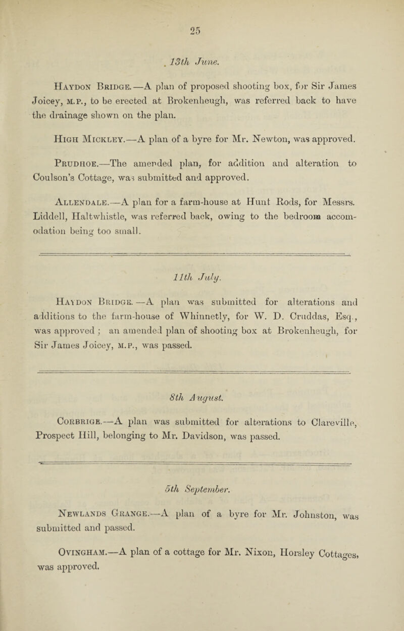 13 th June. Haydon Bridge.—A plan of proposed shooting box, for Sir James Joicey, m.p., to be erected at Brokenheugh, was referred back to have the drainage shown on the plan. High Mickley.—A plan of a byre for Mr. Newton, was approved. Prudiioe.—The amended plan, for addition and alteration to Coulson’s Cottage, was submitted and approved. Allendale.—A plan for a farm-house at Hunt Bods, for Messrs. Liddell, Haltwhistle, was referred back, owing to the bedroom accom¬ odation being too small. lltlu July. Haydon Bridge.—A plan was submitted for alterations and additions to the farm-house of Whinnetly, for W. D. Cruddas, Esq., was approved ; an amended plan of shooting box at Brokenheugh, for Sir James Joicey, m.p., was passed. 8th August. Corbrige.—A plan was submitted for alterations to Clareville, Prospect Hill, belonging to Mr. Davidson, was passed. 5th September. Newlands Grange.—-A plan of a byre for Mr. Johnston, was submitted and passed. Ovingham.—A plan of a cottage for Mr. Nixon, Horsley Cottages, was approved.
