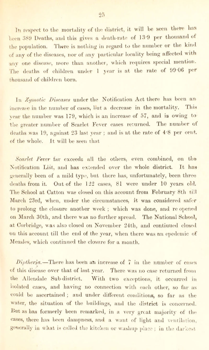 Ih respect to tlie mortality of the district, it will be seen their has been 3S9 Deaths, and this gives n death-rate of 13-9 per thousand of the population. There is nothing in regard to the number or the kind of any of the diseases, nor of any particular locality being affected with any one disease, more than another, which requires special mention. The deaths of children under 1 year is at the rate of 99 06 per thousand of children born. In Zymotic Diseases under the Notification Act there has been an increase in the number of cases, but a decrease in the mortality. This year the number was 179, which is an increase of 57, and is owing to the greater number of Scarlet Fever cases returned. The number of deaths was 19, against 23 last year ; and is at the rate of 4’8 per cent, of the whole. It will be seen that Scarlet Fever far exceeds all the others, even combined, on the Notification List, and has extended over the whole district. It has generally been of a mild type, but there has, unfortunately, been three deaths from it. Out of the 122 cases. 81 were under 10 years old. The School at Catton was closed on this account from February 8th till March 23rd, when, under the circumstances, it was considered safer to prolong the closure another week; which was done, and reopened on March 30th, and there was no further spread. The National School, at Corbridge, was also closed on November 24th, and contiuUed closed on this account till the end of the year, when there wars an epedemic of Measles, which continued the closure for a month. Di/itheria.—There has beeh an increase of 7 in the number of cases of this disease over that of last year. There was no case returned from the Allendale Sub-district, With two exceptions, it occurred in isolated cases, and having no connection with each other, so far as could be ascertained ; and under different conditions, so far as the water, the situation of the buildings, and the district is concerned. Lut as has formerly been remarked, in a very great majority of the cases, there has been dampness, and a want of light and ventilation, generally in what is called the kitchen or waslnip place ; in the darkest