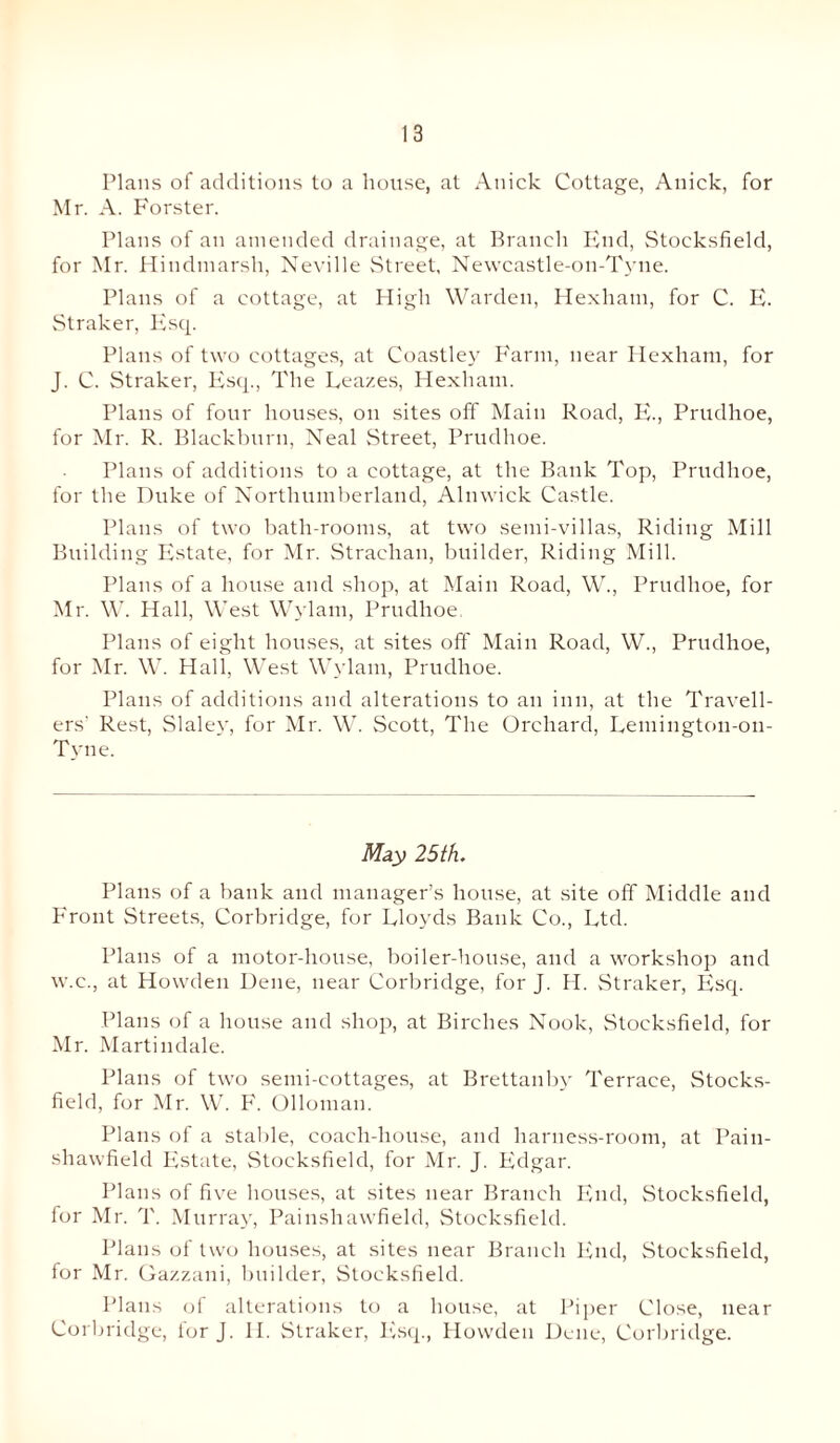 13 Plans of additions to a house, at Anick Cottage, Anick, for Mr. A. Forster. Plans of an amended drainage, at Branch End, Stocksfield, for Mr. Hindmarsh, Neville Street, Newcastle-on-Tyne. Plans of a cottage, at High Warden, Hexham, for C. E. Straker, Esq. Plans of two cottages, at Coastley Farm, near Hexham, for J. C. Straker, Esq., The Leazes, Hexham. Plans of four houses, on sites off Main Road, E., Prudhoe, for Mr. R. Blackburn, Neal Street, Prudhoe. Plans of additions to a cottage, at the Bank Top, Prudhoe, for the Duke of Northumberland, Alnwick Castle. Plans of two bath-rooms, at two semi-villas, Riding Mill Building Estate, for Mr. Straehan, builder, Riding Mill. Plans of a house and shop, at Main Road, W., Prudhoe, for Mr. W. Hall, West Wylam, Prudhoe Plans of eight houses, at sites off Main Road, W., Prudhoe, for Mr. W. Hall, West Wylam, Prudhoe. Plans of additions and alterations to an inn, at the Travell¬ ers' Rest, Slaley, for Mr. W. Scott, The Orchard, Lemington-on- Tyne. May 25th. Plans of a bank and manager’s house, at site off Middle and Front Streets, Corbridge, for Lloyds Bank Co., Ltd. Plans of a motor-house, boiler-house, and a workshop and w.c., at Howden Dene, near Corbridge, for J. H. Straker, Esq. Plans of a house and shop, at Birches Nook, Stocksfield, for Mr. Martindale. Plans of two semi-cottages, at Brettanby Terrace, Stocks¬ field, for Mr. W. F. Olloman. Plans of a stable, coach-house, and harness-room, at Paiu- shawfield Estate, Stocksfield, for Mr. J. Edgar. Plans of five houses, at sites near Branch End, Stocksfield, for Mr. T. Murray, Painshawfield, Stocksfield. Plans of two houses, at sites near Branch End, Stocksfield, for Mr. Gazzani, builder, Stocksfield. Plans of alterations to a house, at Piper Close, near