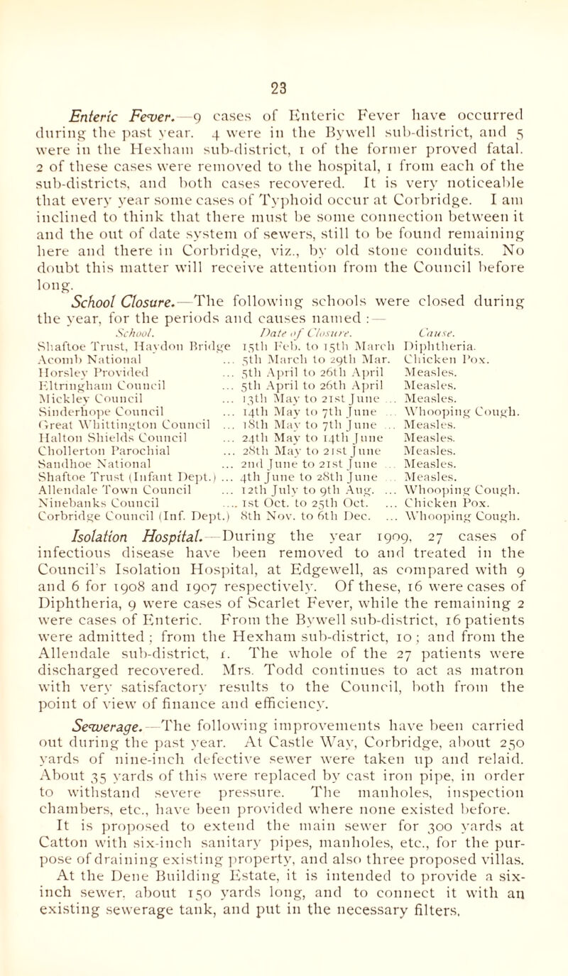 Enteric Fever. —9 cases of Enteric Fever have occurred during the past year. 4 were in the Bywell sub-district, and 5 were in the Hexham sub-district, 1 of the former proved fatal. 2 of these cases were removed to the hospital, 1 from each of the sub-districts, and both cases recovered. It is very noticeable that every year some cases of Typhoid occur at Corbridge. I am inclined to think that there must be some connection between it and the out of date system of sewers, still to be found remaining here and there in Corbridge, viz., by old stone conduits. No doubt this matter will receive attention from the Council before long- School Closure.—The following schools were closed during the year, for the periods and causes named : School. Shaftoe Trust, Havdon Rri< Acomb National Horsley Provided Eltringhaui Council Mickley Council Sinderhope Council (treat Whittington Council Ilalton Shields Council Chollerton Parochial Samlhoe National Shaftoe Trust (Infant Dept.) Allendale Town Council Ninebanks Council Corbridge Council (Inf. Date of Closure. 4e 15th Feb. to 75th March ... 5th March to 29th Mar. ... 5th April to 26th April ... 5th April to 26th April ... 13th May to 21st June ... ... 14th May to 7th June .. ... 18th May to 7th June ... ... 24th May to 14th June ... 28th May to 21st June ... 2nd June to 21st June ... 4th June to 28th June ... 12th July to 9th Aug. ... ... 1st Oct. to 25th Oct. t.) 8th Nov. to 6th Dec. Cause. Diphtheria. Chicken Pox. Measles. Measles. Measles. Whooping Cough. Measles. Measles. Measles. Measles. Measles. Whooping Cough. Chicken Pox. Whooping Cough. Isolation Hospital. During the year 1909. 27 cases of infectious disease have been removed to and treated in the Council’s Isolation Hospital, at Edgewell, as compared with 9 and 6 for 1908 and 1907 respectively. Of these, 16 were cases of Diphtheria, 9 were cases of Scarlet Fever, while the remaining 2 were cases of Enteric. From the Bywell sub-district, 16 patients were admitted ; from the Hexham sub-district, 10; and from the Allendale sub-district, 1. The whole of the 27 patients were discharged recovered. Mrs. Todd continues to act as matron with very satisfactory results to the Council, both from the point of view of finance and efficiency. Sewerage. The following improvements have been carried out during the past year. At Castle Way, Corbridge, about 250 yards of nine-inch defective sewer were taken up and relaid. About 35 yards of this were replaced by cast iron pipe, in order to withstand severe pressure. The manholes, inspection chambers, etc., have been provided where none existed before. It is proposed to extend the main sewer for 300 yards at Catton with six-inch sanitary pipes, manholes, etc., for the pur¬ pose of draining existing property, and also three proposed villas. At the Dene Building Estate, it is intended to provide a six- inch sewer, about 150 yards long, and to connect it with an existing sewerage tank, and put in the necessary filters,