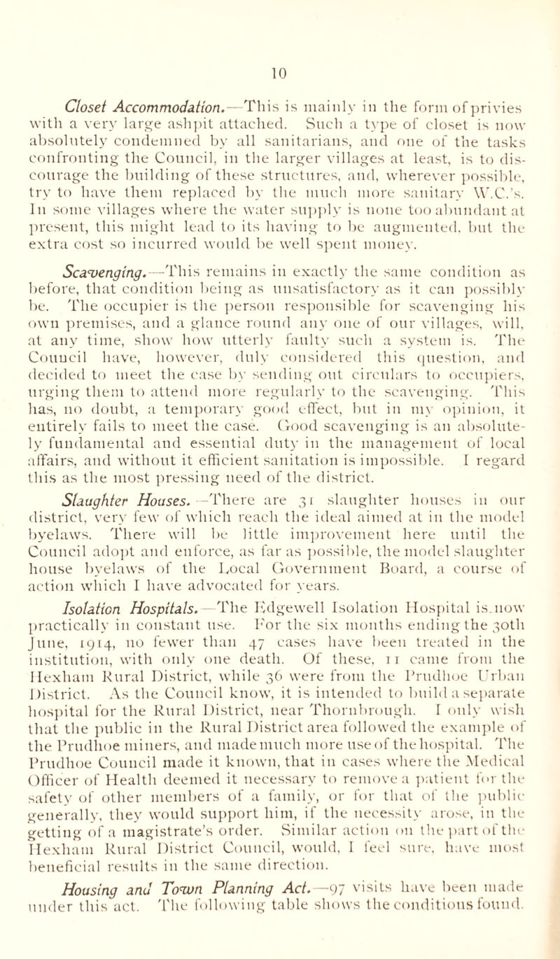 Closet Accommodation.—This is mainly in the form of privies with a very large ashpit attached. Such a type of closet is now absolutely condemned by all sanitarians, and one of the tasks confronting the Council, in the larger villages at least, is to dis- courage the building of these structures, and, wherever possible, try to have them replaced by the much more sanitary W.C.’s. In some villages where the water supply is none too abundant at present, this might lead to its having to be augmented, but the extra cost so incurred would be well spent money. Scavenging.—This remains in exactly the same condition as before, that condition being as unsatisfactory as it can possibly be. The occupier is the person responsible for scavenging his own premises, and a glance round any one of our villages, will, at any time, show how utterly faulty such a system is. The Council have, however, duly considered this question, and decided to meet the case by sending out circulars to occupiers, urging them to attend more regularly to the scavenging. This has, no doubt, a temporary good effect, but in my opinion, it entirely fails to meet the case. Good scavenging is an absolute- ly fundamental and essential duty in the management of local affairs, and without it efficient sanitation is impossible. I regard this as the most pressing need of the district. Slaughter Houses. — There are 31 slaughter houses in our district, very few of which reach the ideal aimed at in the model byelaws. There will be little improvement here until the Council adopt and enforce, as far as possible, the model slaughter house byelaws of the Local Government Board, a course of action which I have advocated for years. Isolation Hospitals. The Edgewell Isolation Hospital is.now practically in constant use. For the six months ending the 30th June, 1914, no fewer than 47 cases have been treated in the institution, with only one death. Of these, 11 came from the Hexham Rural District, while 36 were from the Prudhoe Urban District. As the Council know, it is intended to build a separate hospital for the Rural District, near Thornbrough. I only wish that the public in the Rural District area followed the example of the Prudhoe miners, and made much more use of the hospital. The Prudhoe Council made it known, that in cases where the Medical Officer of Health deemed it necessary to remove a patient for the safety of other members of a family, or for that of the public generally, they would support him, if the necessity arose, in the getting of a magistrate’s order. Similar action on the part of the Hexham Rural District Council, would, I feel sure, have most beneficial results in the same direction. Housing and Town Planning Ad.— 97 visits have been made under this act. The following table shows the conditions found.