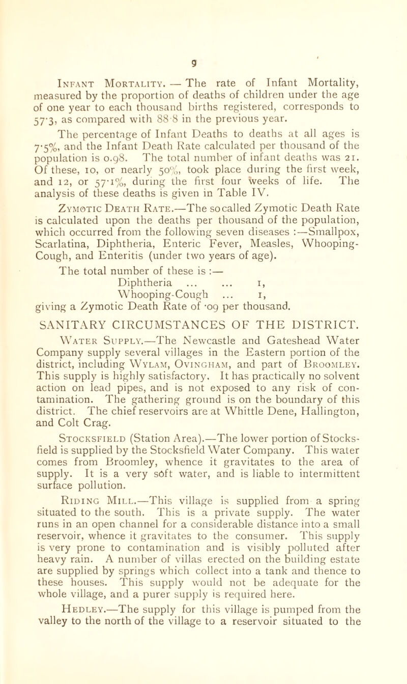 Infant Mortality. — The rate of Infant Mortality, measured by the proportion of deaths of children under the age of one year to each thousand births registered, corresponds to 57-3, as compared with 88 8 in the previous year. The percentage of Infant Deaths to deaths at all ages is 7*5%, and the Infant Death Rate calculated per thousand of the population is 0.98. The total number of infant deaths was 21. Of these, 10, or nearly 50%, took place during the first week, and 12, or 57-1%, during the first four weeks of life. The analysis of these deaths is given in Table IV. Zymotic Death Rate.—The so called Zymotic Death Rate is calculated upon the deaths per thousand of the population, which occurred from the following seven diseases :—Smallpox, Scarlatina, Diphtheria, Enteric Fever, Measles, Whooping- Cough, and Enteritis (under two years of age). The total number of these is :— Diphtheria ... ... 1, Whooping-Cough ... 1, giving a Zymotic Death Rate of -09 per thousand. SANITARY CIRCUMSTANCES OF THE DISTRICT. Water Supply.—The Newcastle and Gateshead Water Company supply several villages in the Eastern portion of the district, including Wylam, Ovingham, and part of Broomley. This supply is highly satisfactory. It has practically no solvent action on lead pipes, and is not exposed to any risk of con¬ tamination. The gathering ground is on the boundary of this district. The chief reservoirs are at Whittle Dene, Hallington, and Colt Crag. Stocksfield (Station Area).—The lower portion ofStocks- field is supplied by the Stocksfield Water Company. This water comes from Broomley, whence it gravitates to the area of supply. It is a very soft water, and is liable to intermittent surface pollution. Riding Mill.—This village is supplied from a spring situated to the south. This is a private supply. The water runs in an open channel for a considerable distance into a small reservoir, whence it gravitates to the consumer. This supply is very prone to contamination and is visibly polluted after heavy rain. A number of villas erected on the building estate are supplied by springs which collect into a tank and thence to these houses. This supply would not be adequate for the whole village, and a purer supply is required here. Hedley.—The supply for this village is pumped from the valley to the north of the village to a reservoir situated to the
